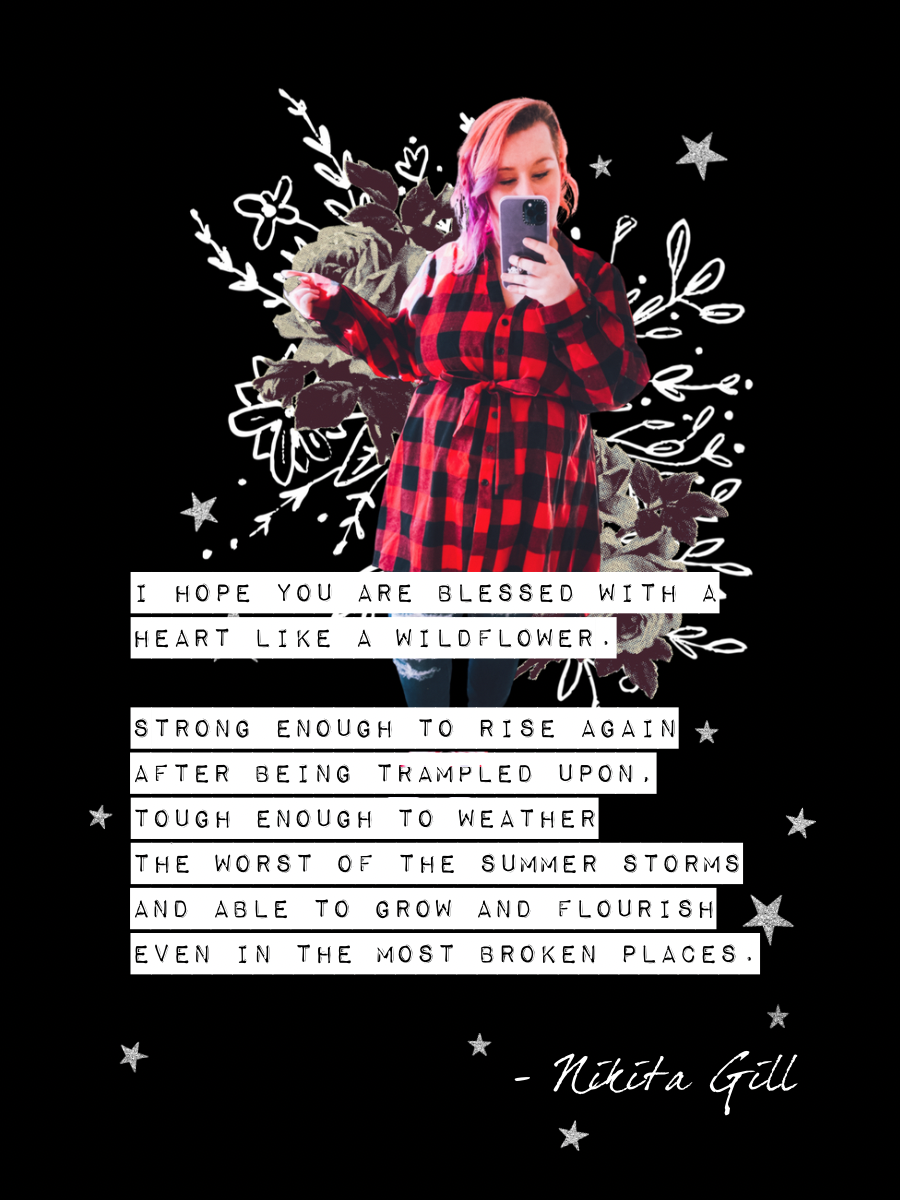 Red plaid tunic outfit with jeans and sneakers styled over wildflower quote graphic and stars