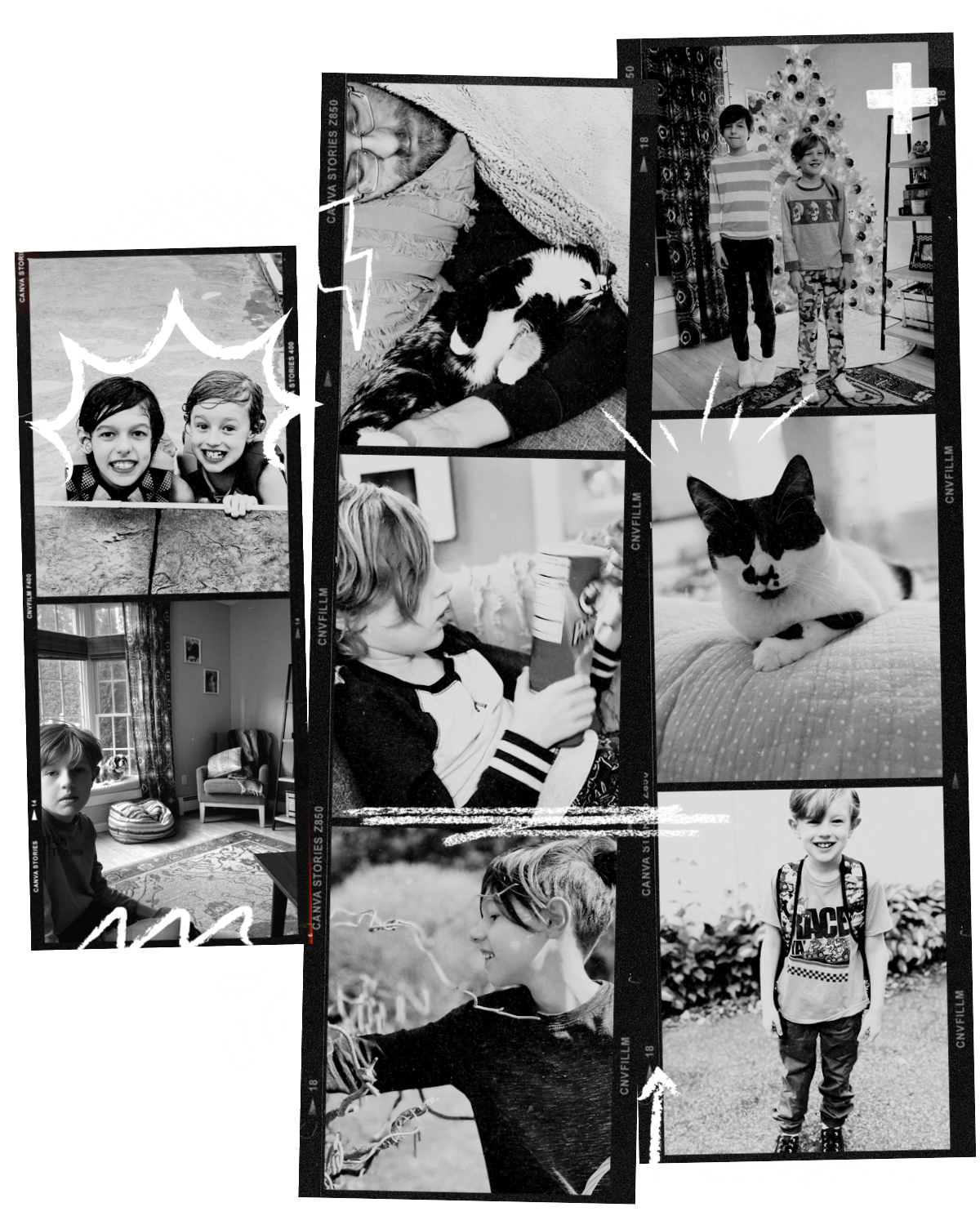 Black film collage featuring cats and children with white chalk doodles on a transparent background