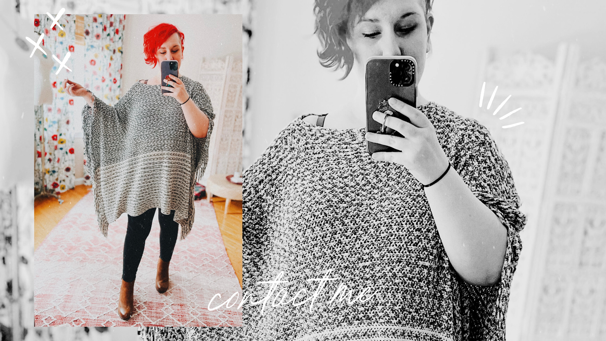 collage with plus size woman with red hair wearing a grey striped poncho over black leggings and brown booties with white doodles and “contact me” written on the image
