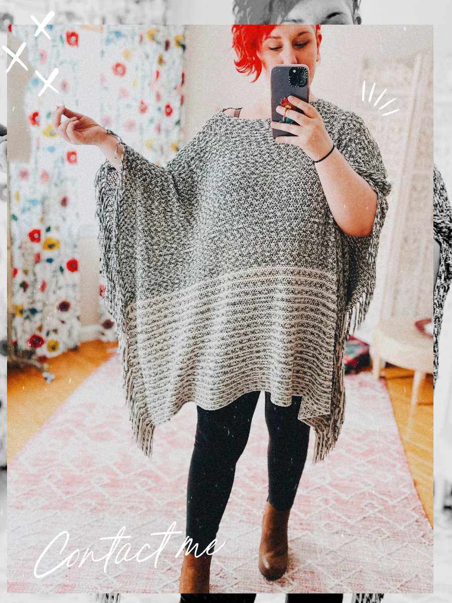 Plus size woman with red hair wearing a grey striped poncho over black leggings and brown booties with white doodles and “contact me” written on the image