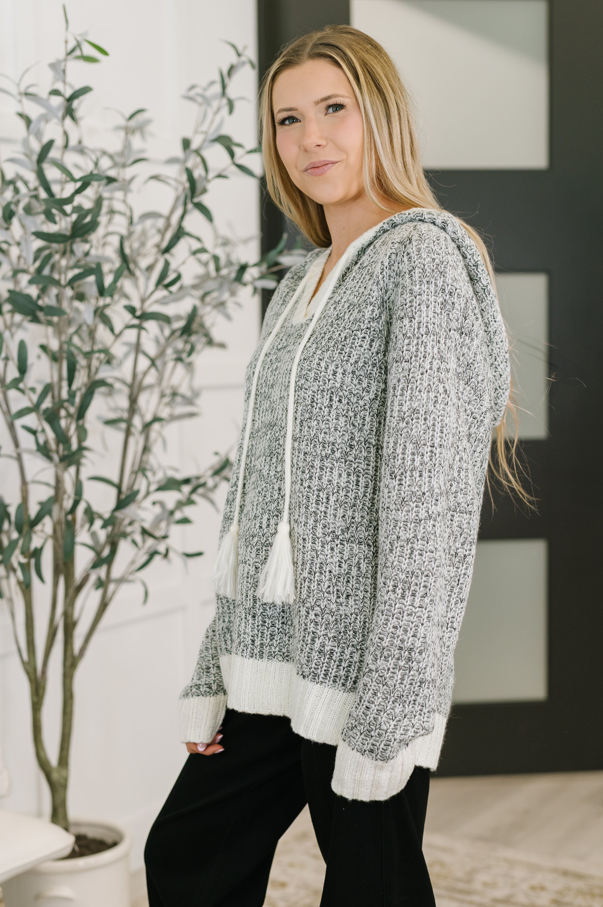 Woman wearing grey textured knit pullover with hood and tasseled drawstrings indoors with plant background