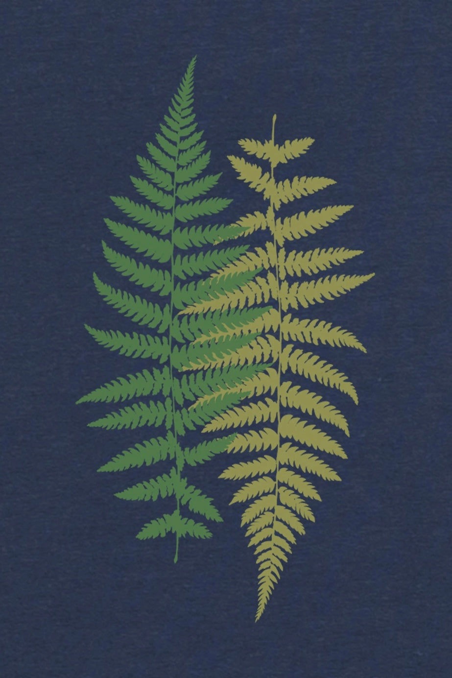 Two detailed fern leaves in green and yellow printed on navy bamboo fabric with bold, free-spirited style