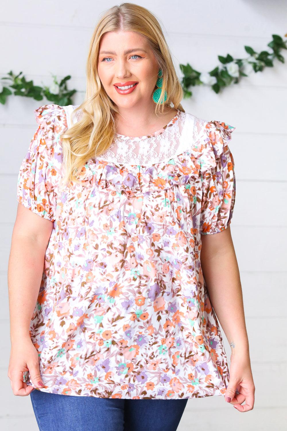 Watercolor Whimsy Ruffle & Lace Woven Top - Atomic Wildflower