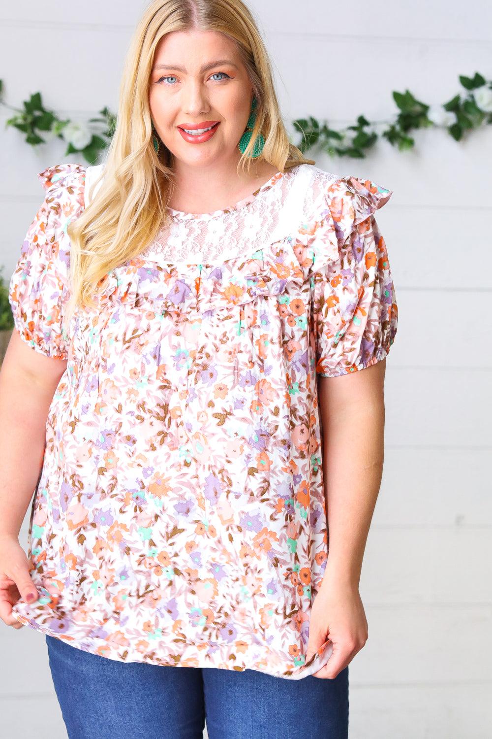 Watercolor Whimsy Ruffle & Lace Woven Top