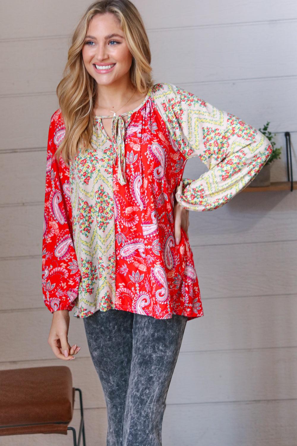 Gimme Paisley & Floral Chevron Bubble Sleeve Top - Atomic Wildflower