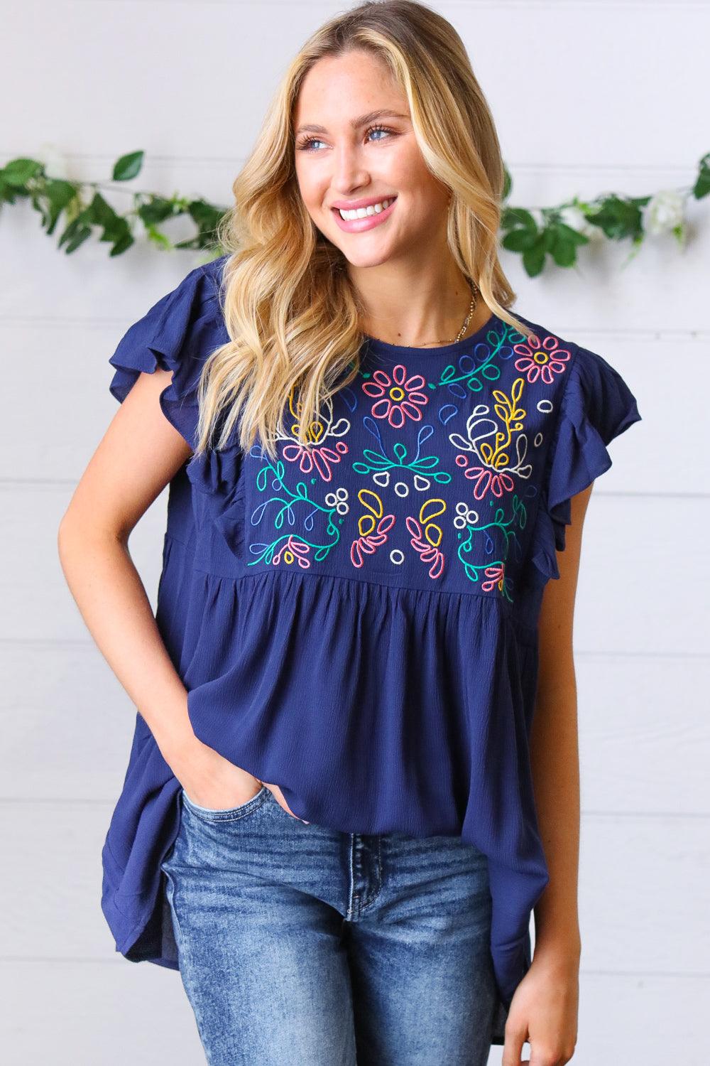 Plenty Of Love Embroidered Flutter Sleeve Top - Atomic Wildflower