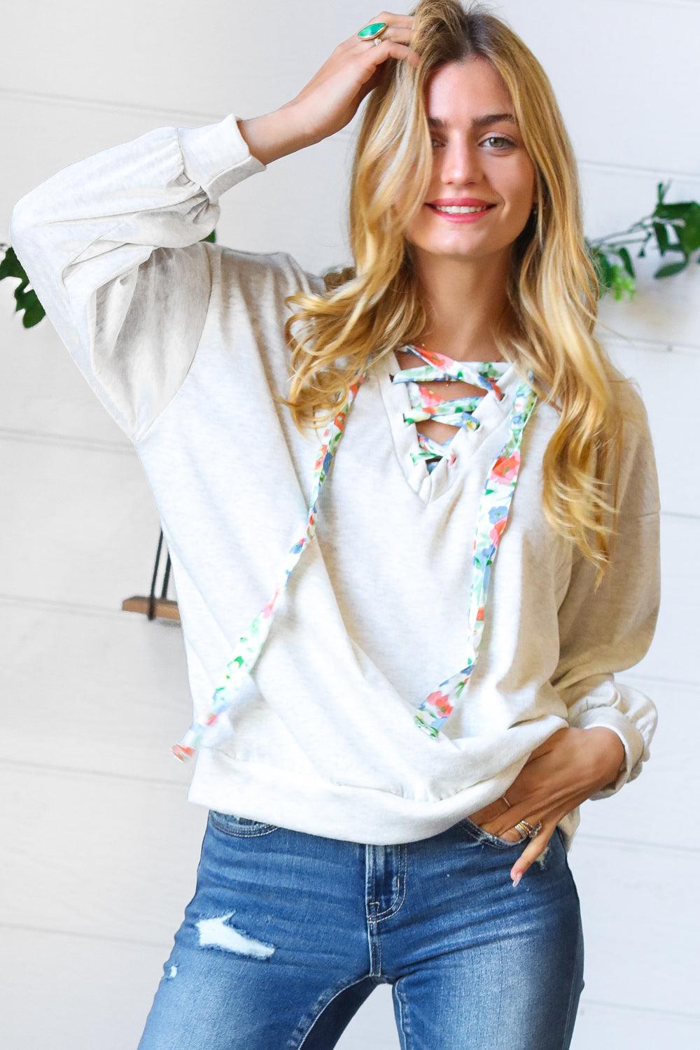 Makes Sense Lace Up Pullover - Atomic Wildflower
