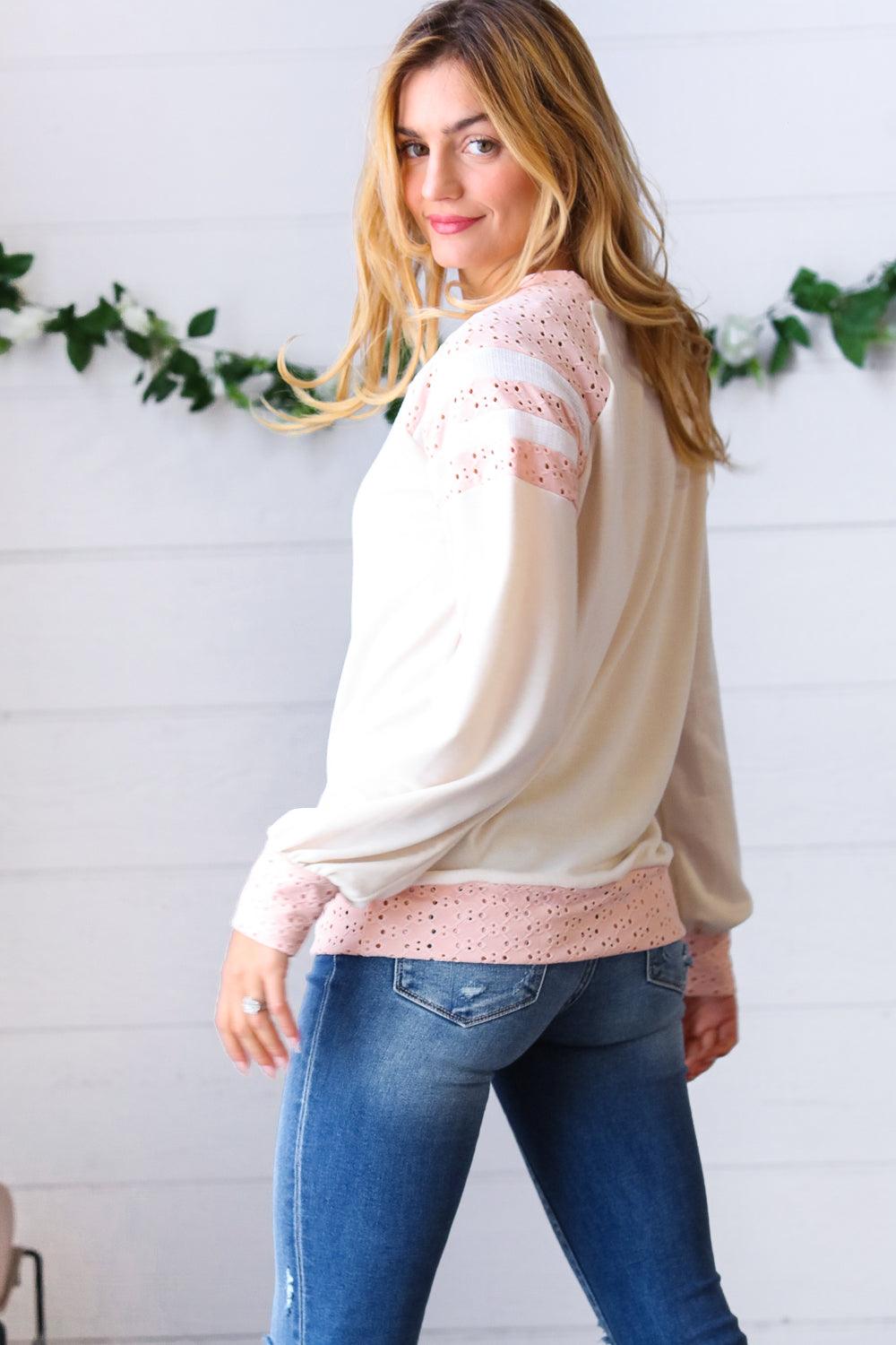 Big Love Eyelet Raglan Pullover Top - Atomic Wildflower