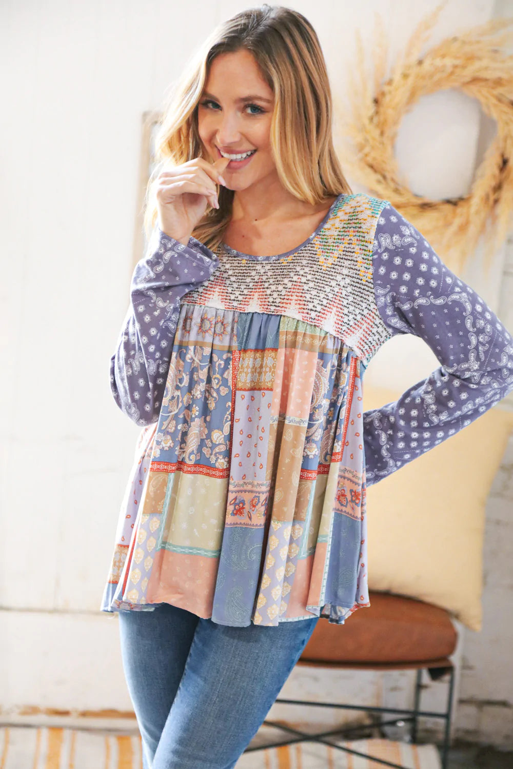 The Right Decision Patchwork Babydoll Top - Atomic Wildflower