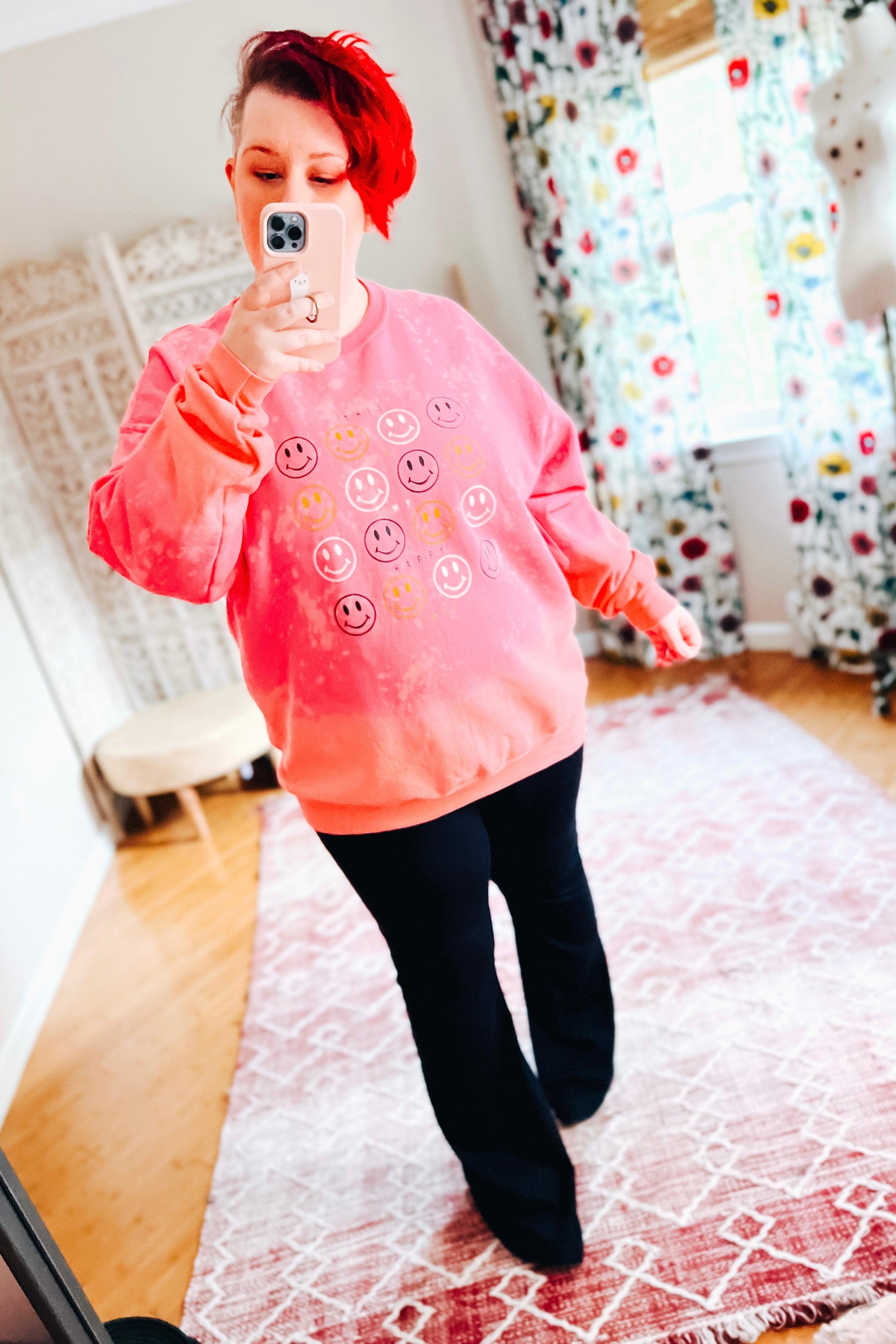 This Is My Happy Face Pink Bleached Sweatshirt - Atomic Wildflower