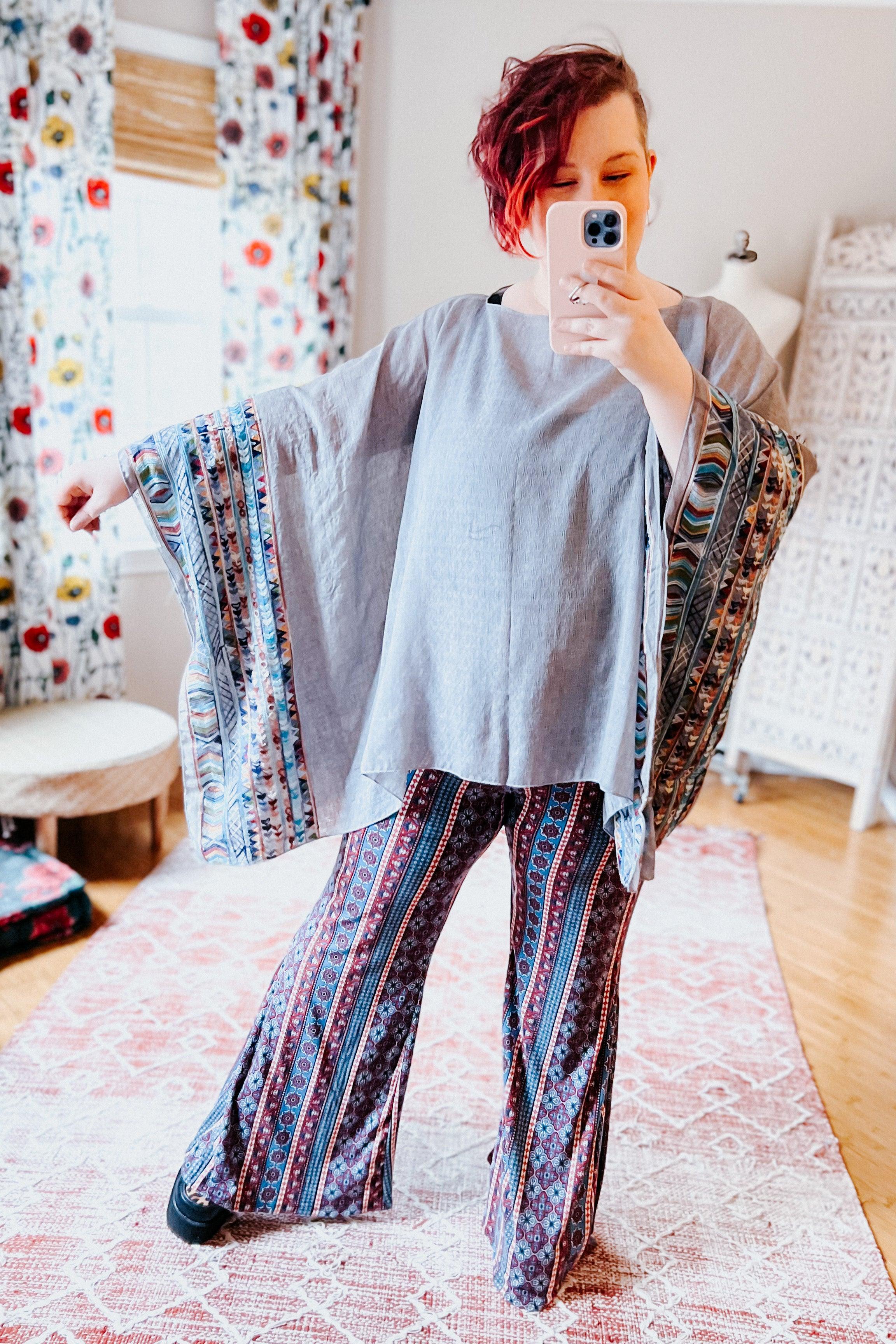 Elevated Embroidered Sleeve Light Poncho • Grey - Atomic Wildflower