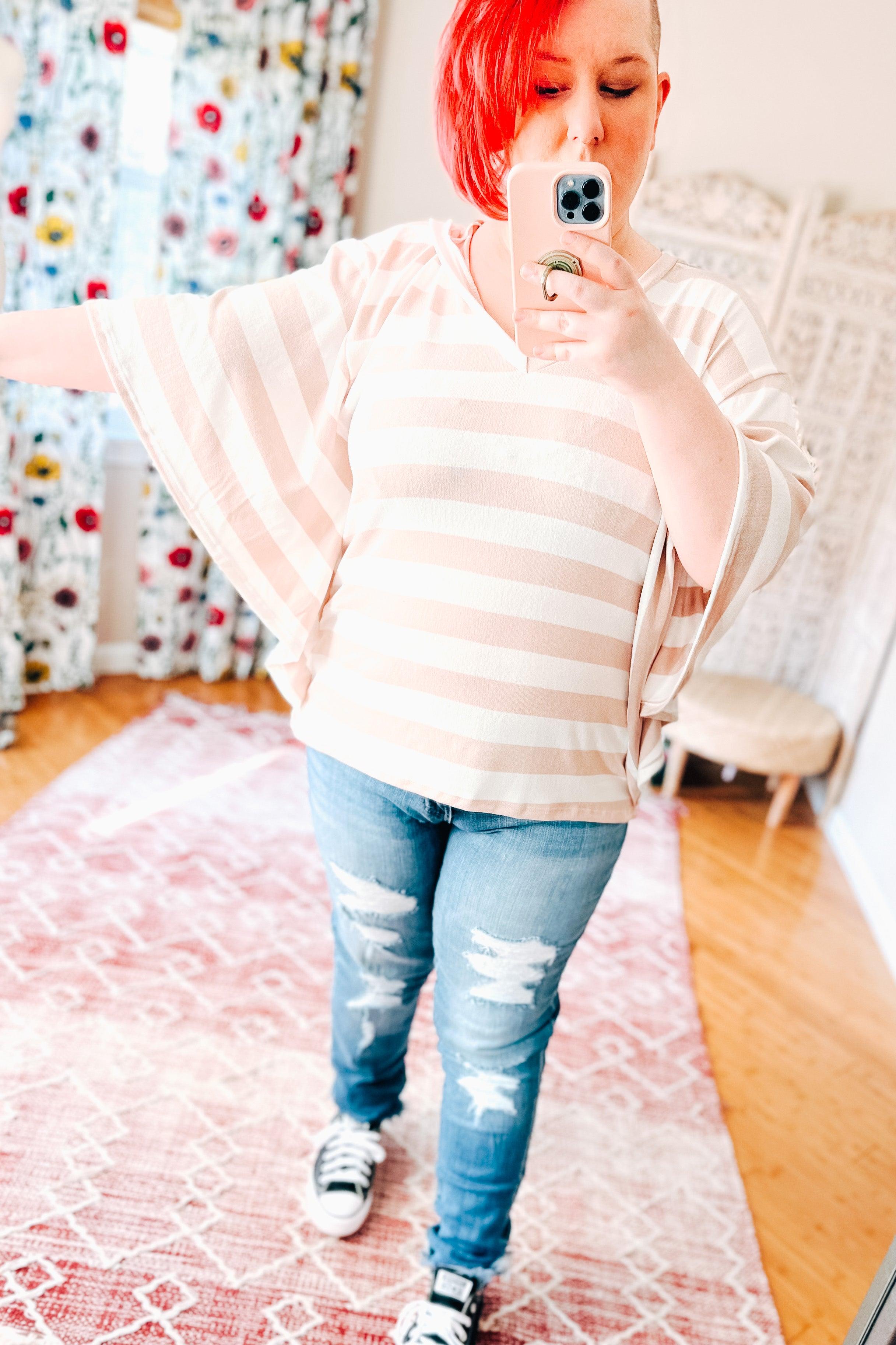 So Comfy Striped V-Neck Hooded Top - Atomic Wildflower