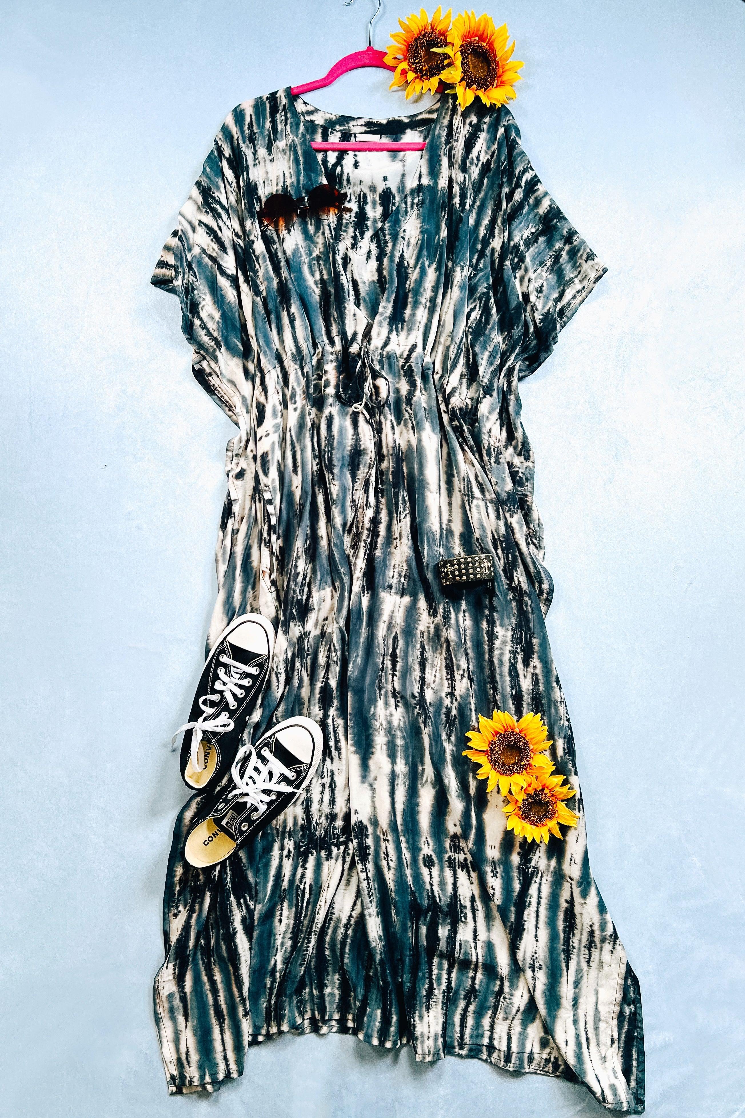 Cassiopeia Maxi Shibori Dyed Caftan Dress • Charcoal/Navy - Atomic Wildflower