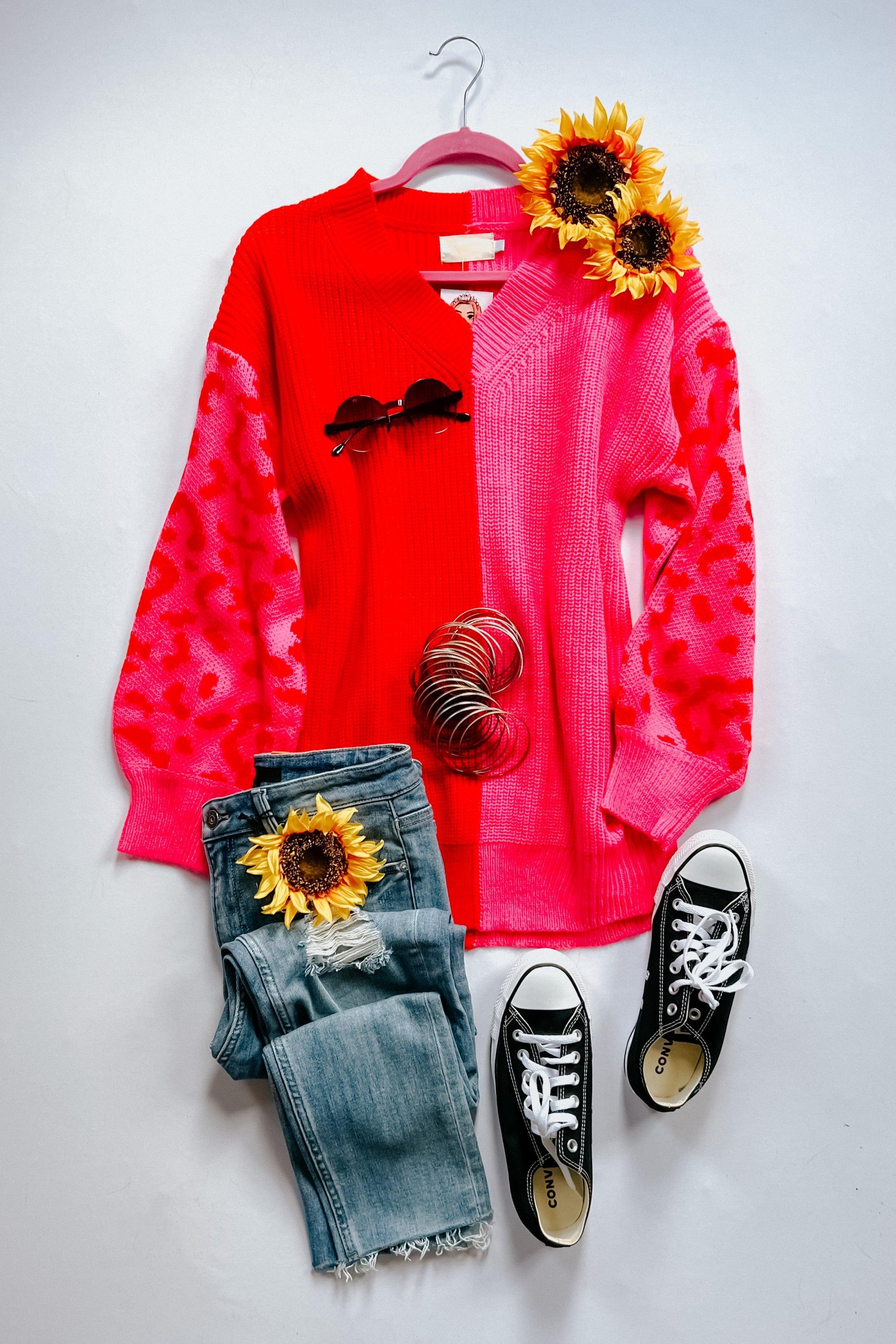 Pretty In Pink Leopard Color Block Sweater - Atomic Wildflower