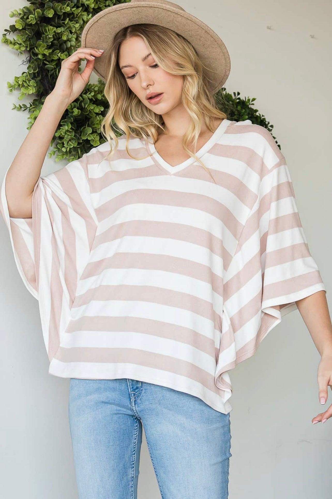 So Comfy Striped V-Neck Hooded Top - Atomic Wildflower