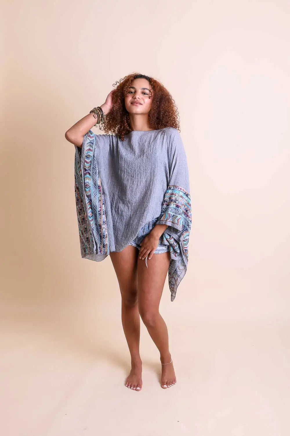 Elevated Embroidered Sleeve Light Poncho • Grey - Atomic Wildflower