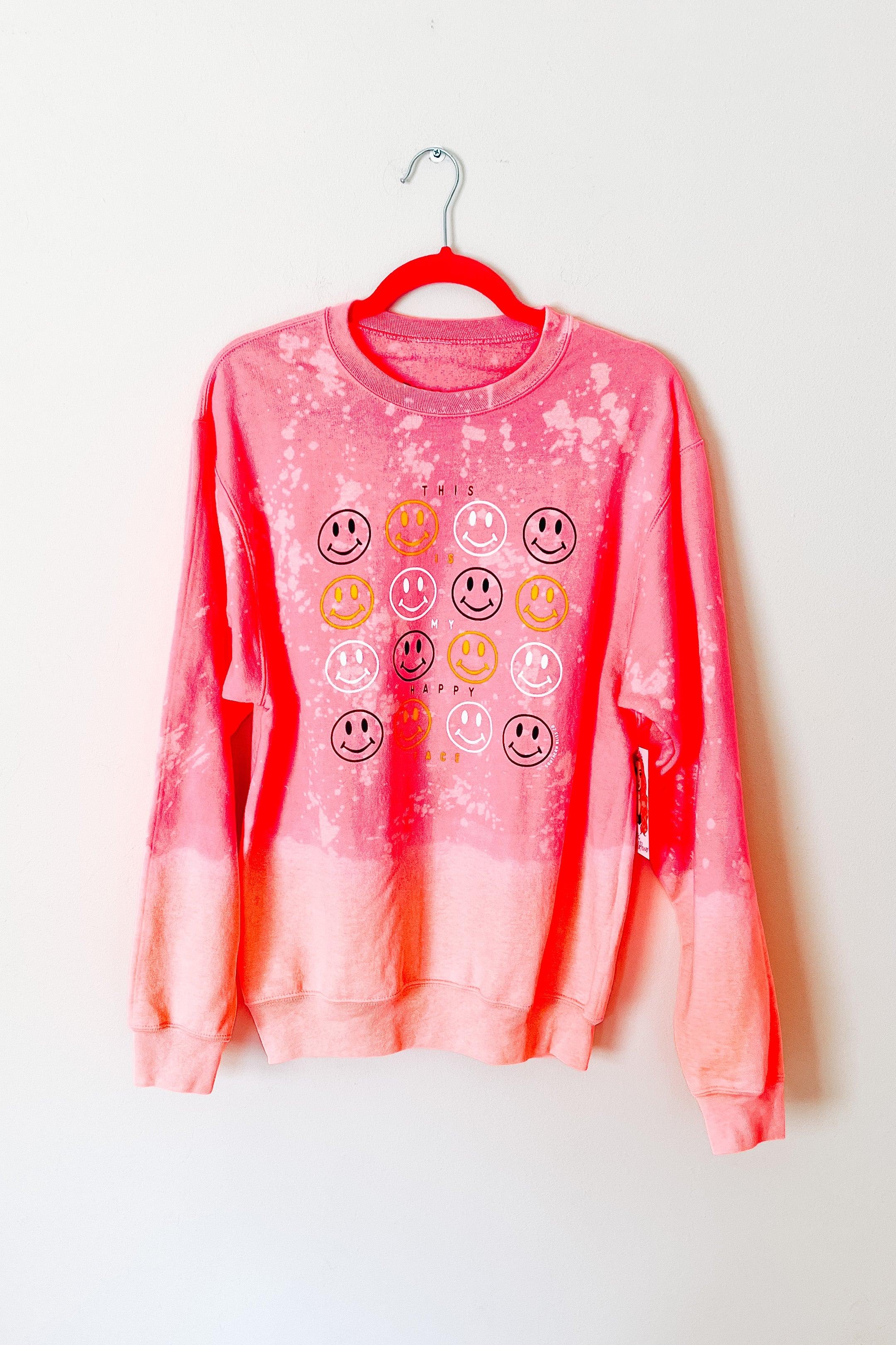 This Is My Happy Face Pink Bleached Sweatshirt - Atomic Wildflower