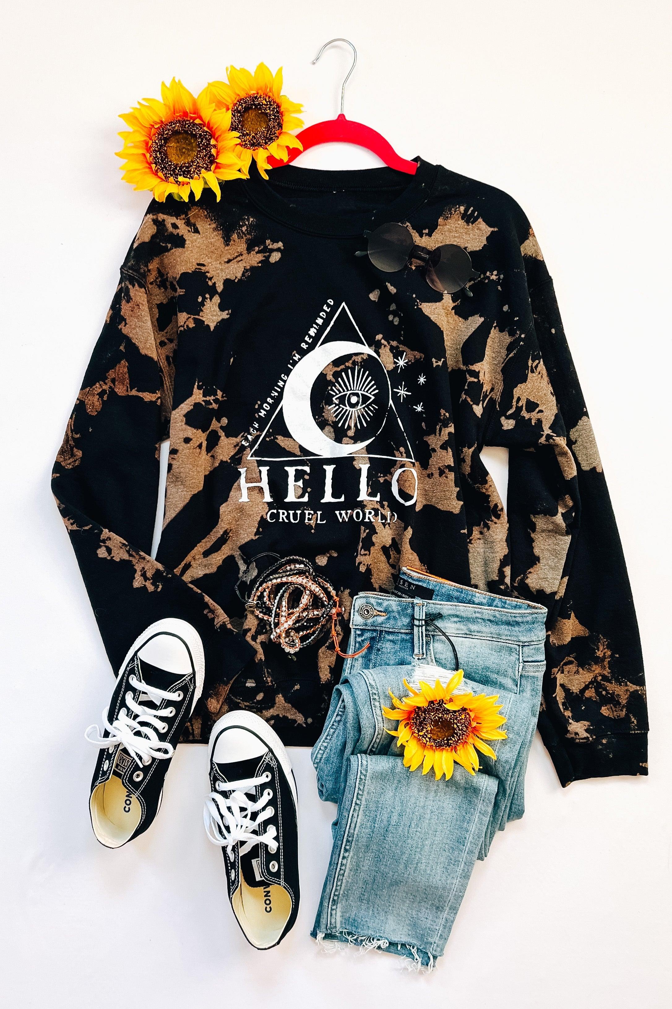 Hello Cruel World Black Bleached Sweatshirt - Atomic Wildflower