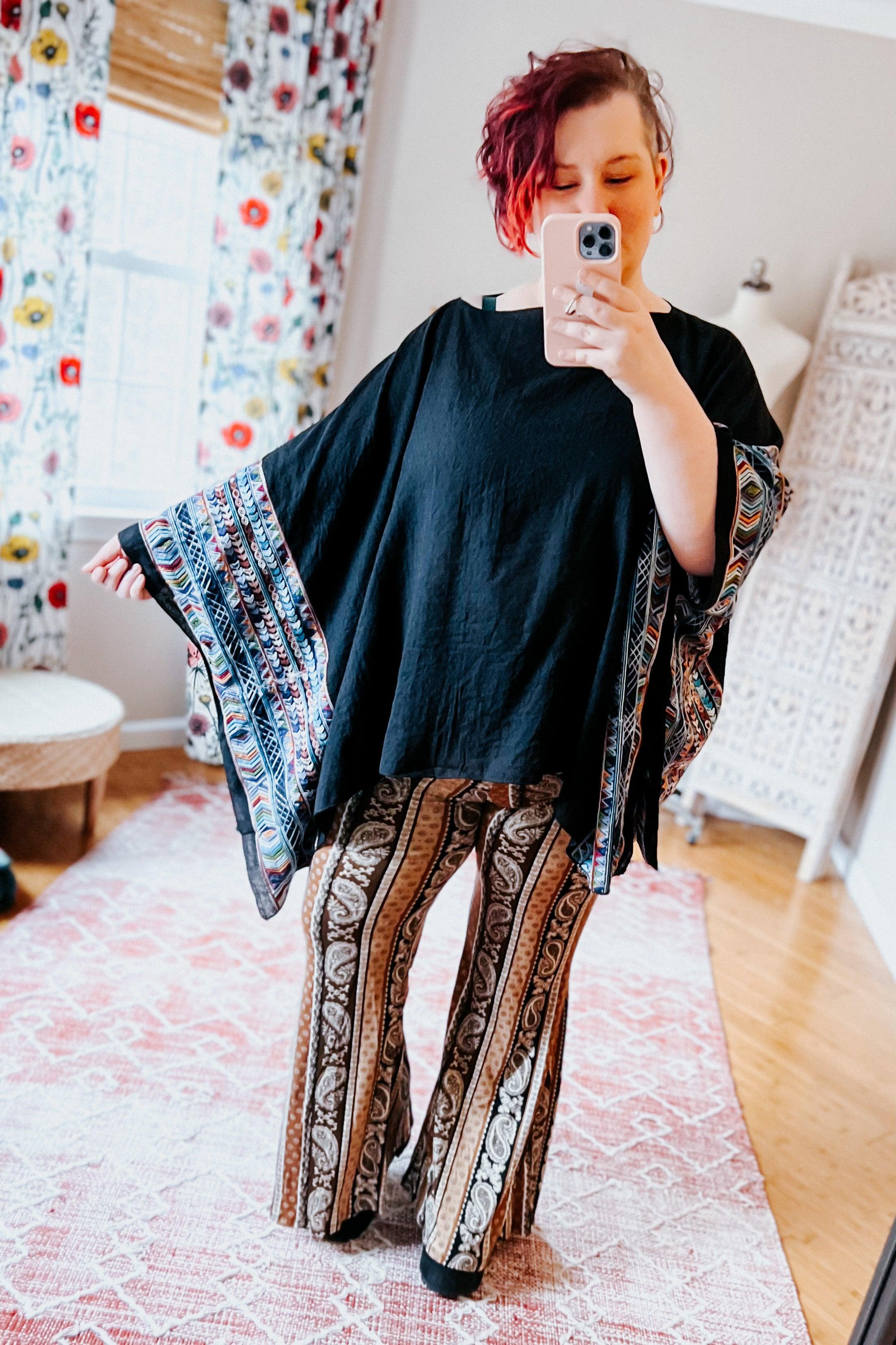 Elevated Embroidered Sleeve Light Poncho • Black - Atomic Wildflower