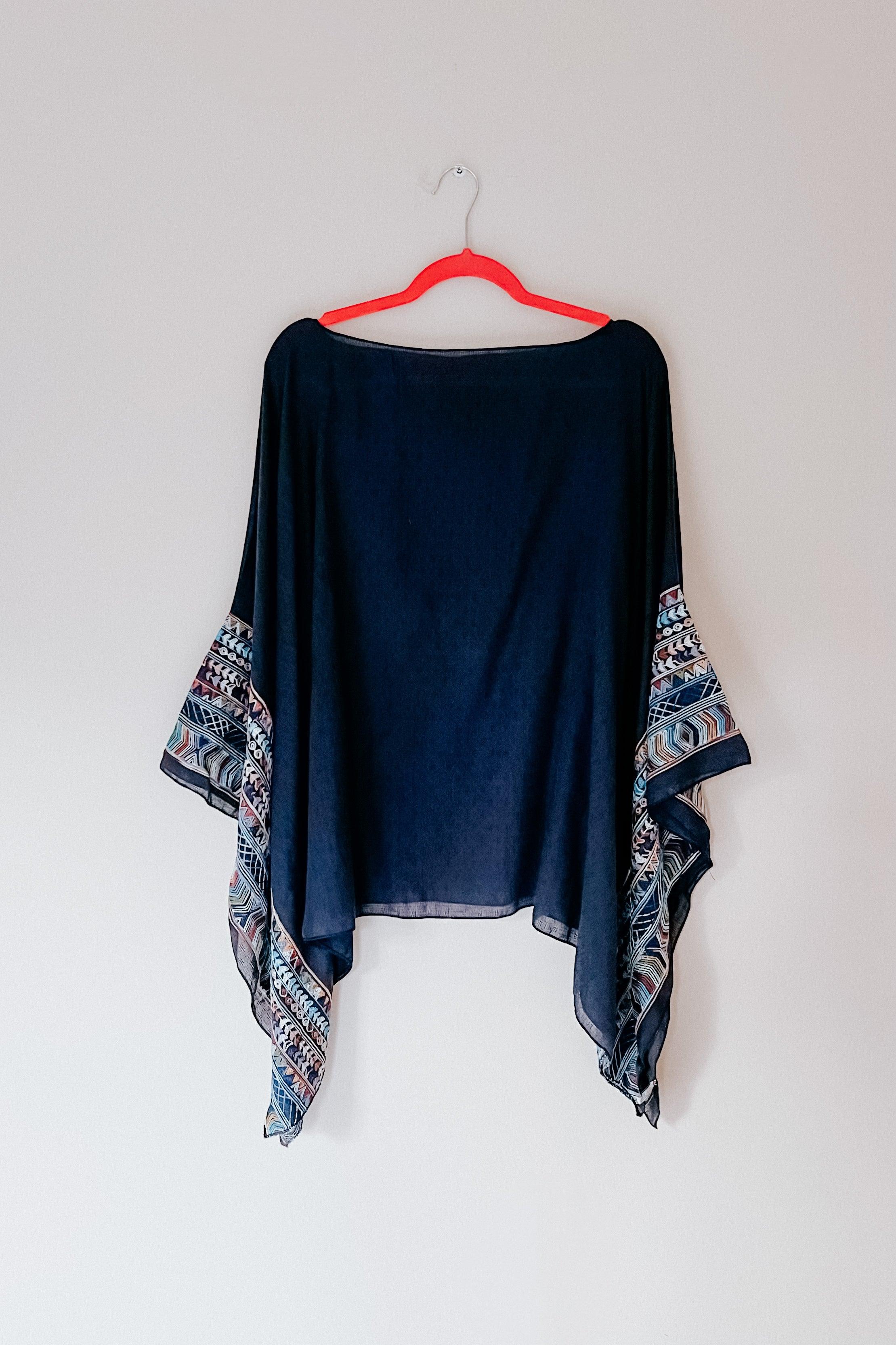 Elevated Embroidered Sleeve Light Poncho • Navy - Atomic Wildflower