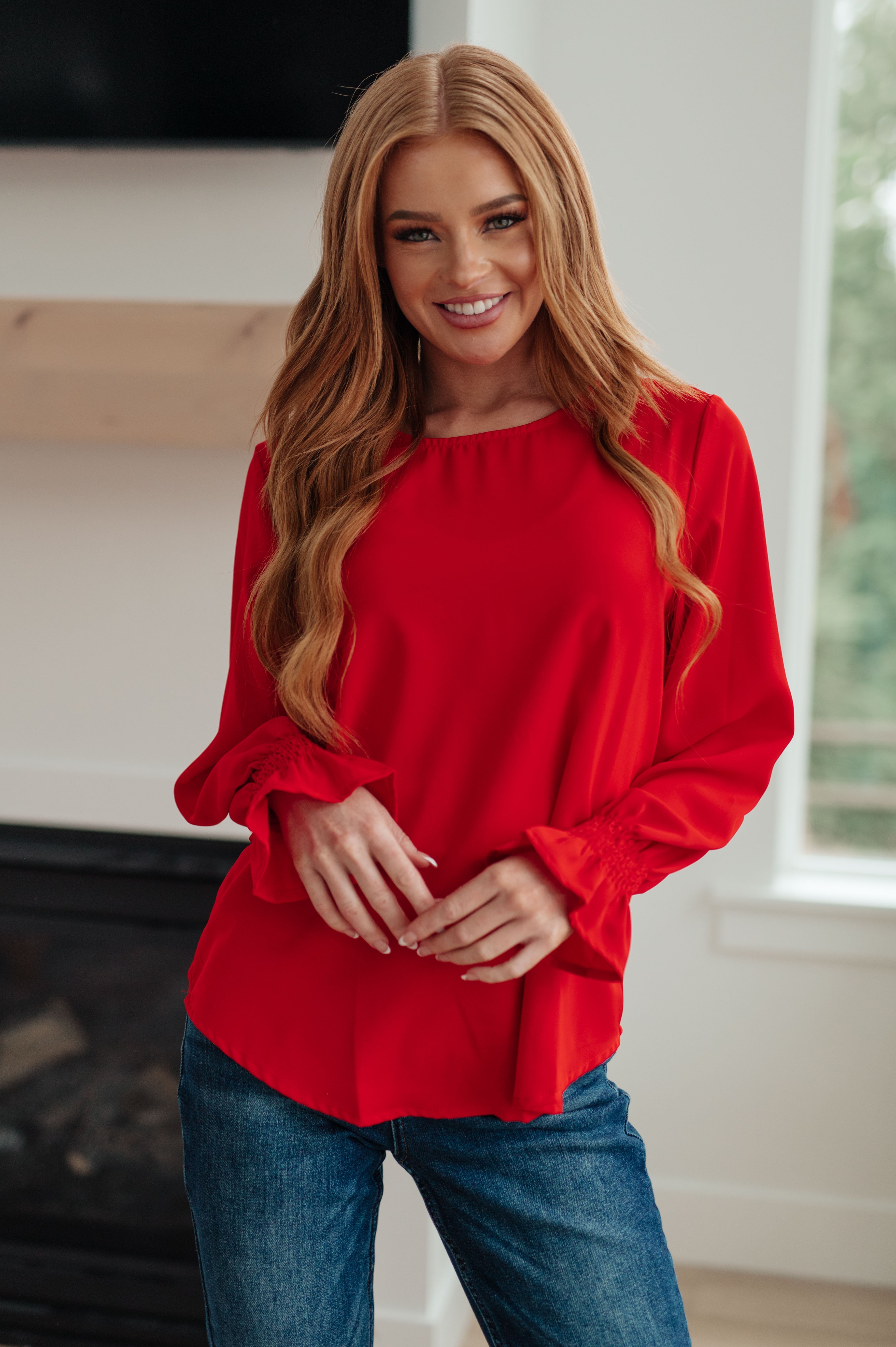 Peaceful Moments Smocked Sleeve Blouse • Red