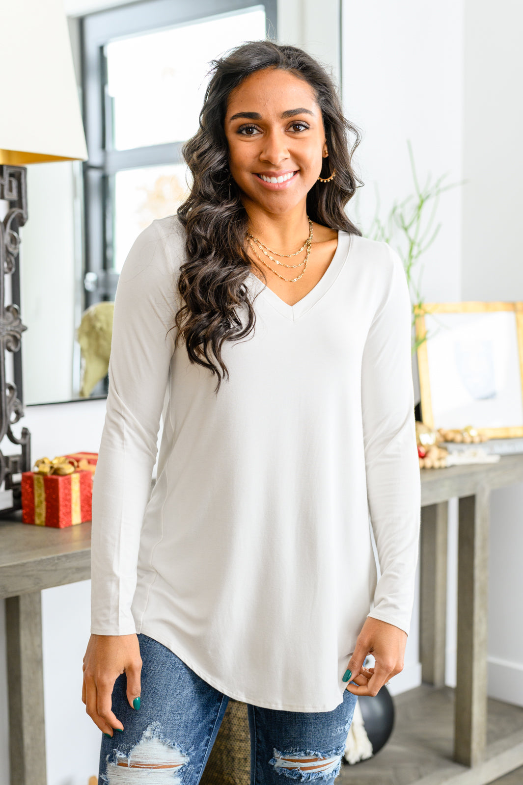 Basics Are Best Long Sleeve V-Neck Top • Bone