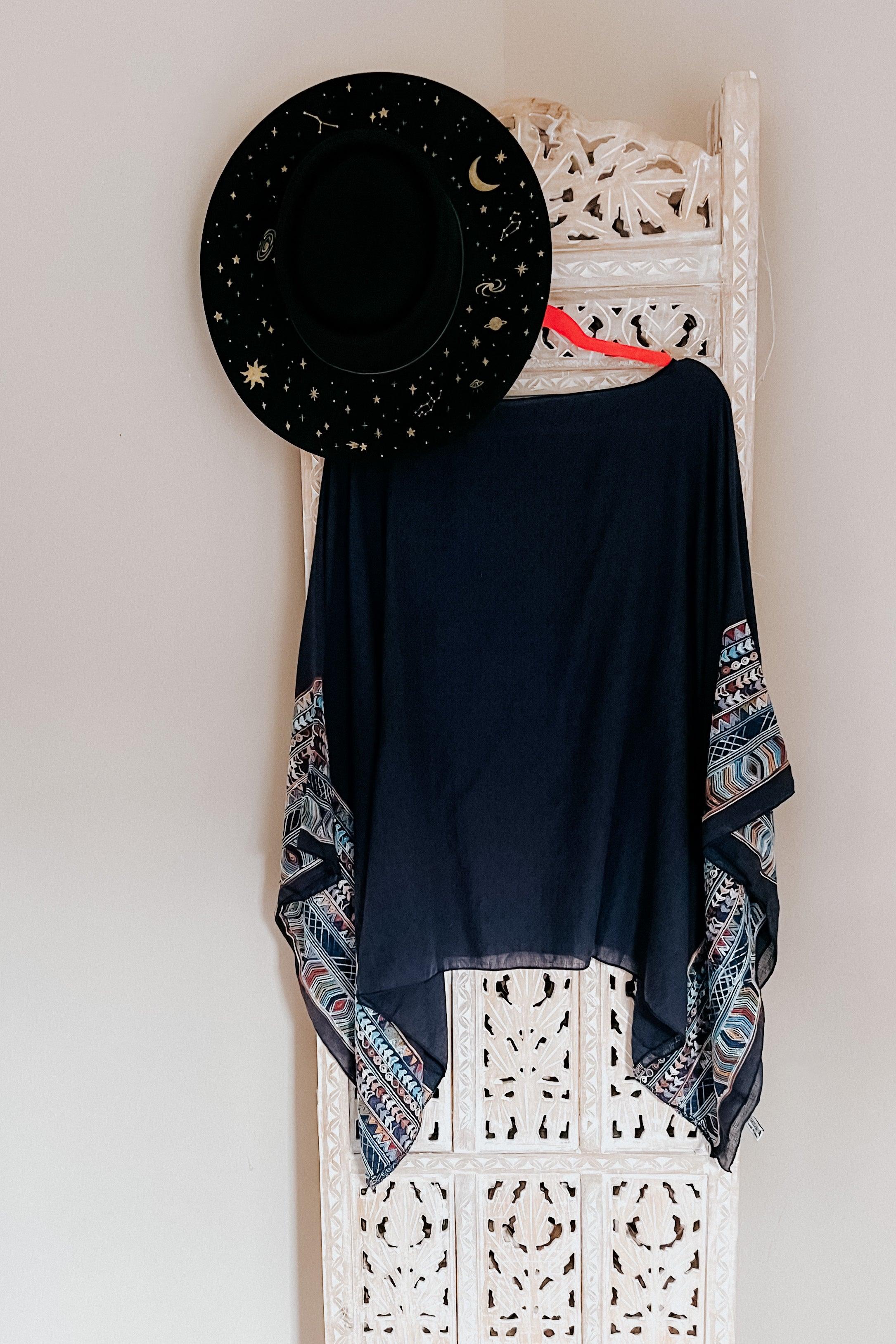 Elevated Embroidered Sleeve Light Poncho • Navy - Atomic Wildflower