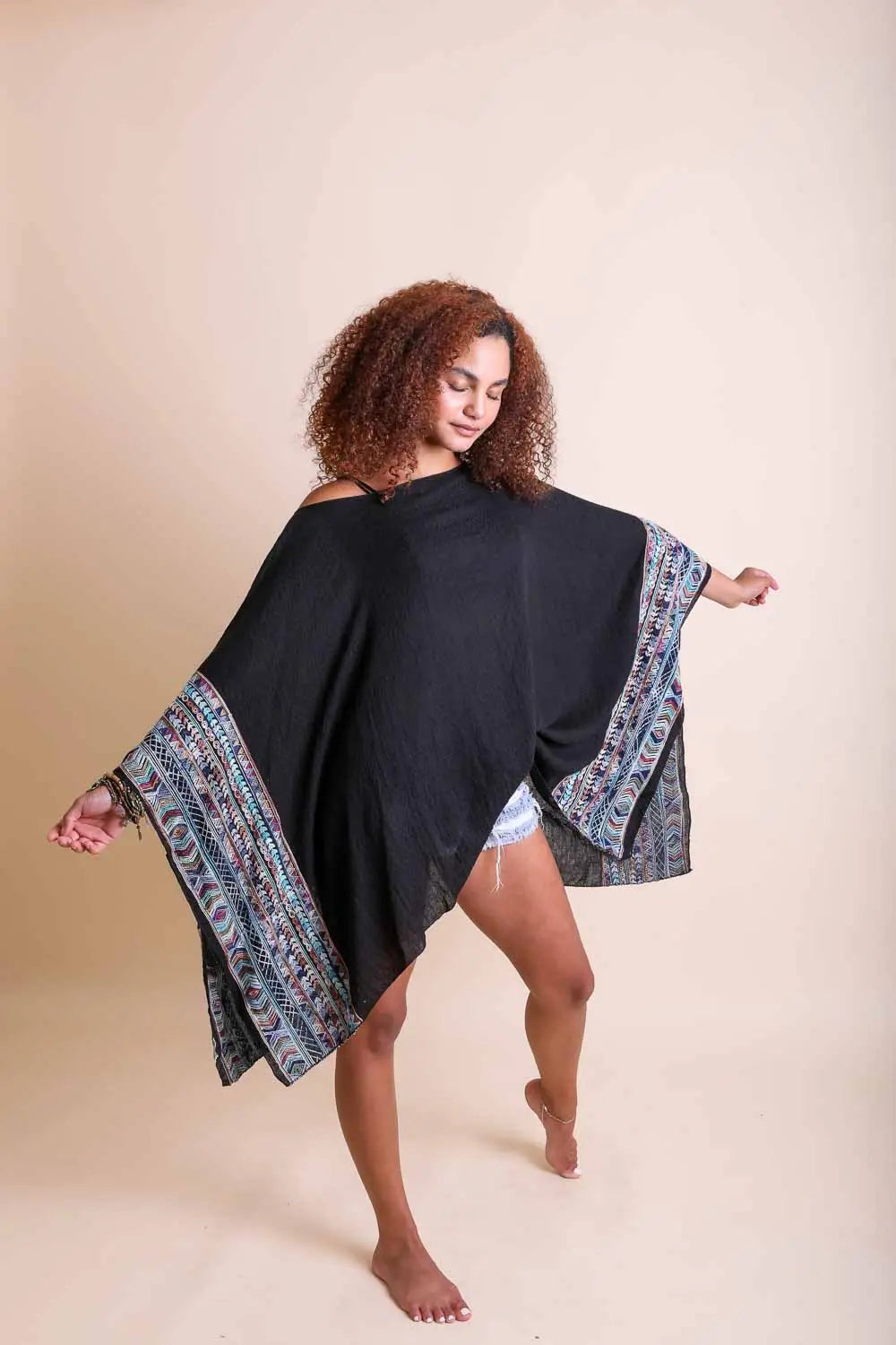 Elevated Embroidered Sleeve Light Poncho • Black - Atomic Wildflower
