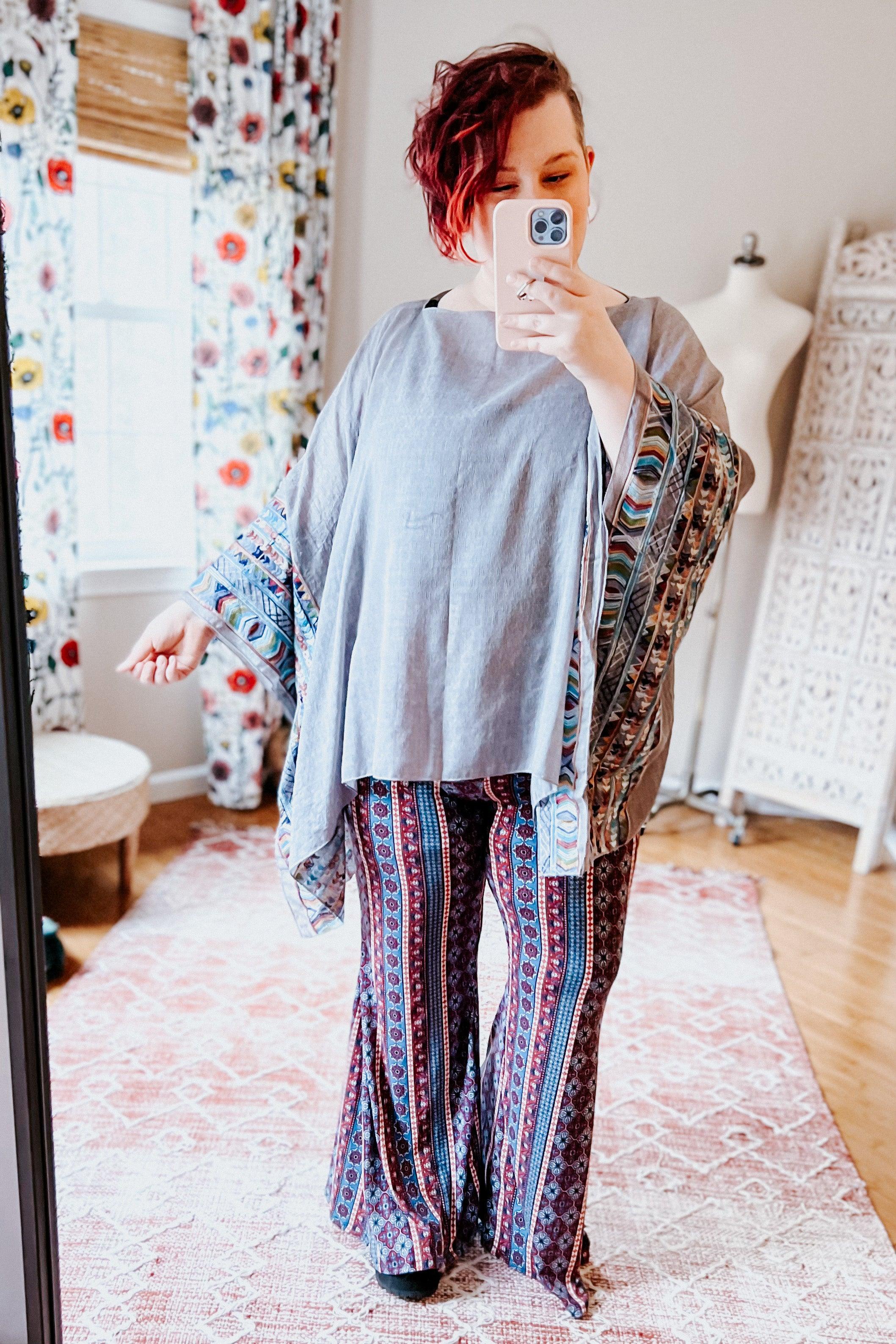Elevated Embroidered Sleeve Light Poncho • Grey - Atomic Wildflower