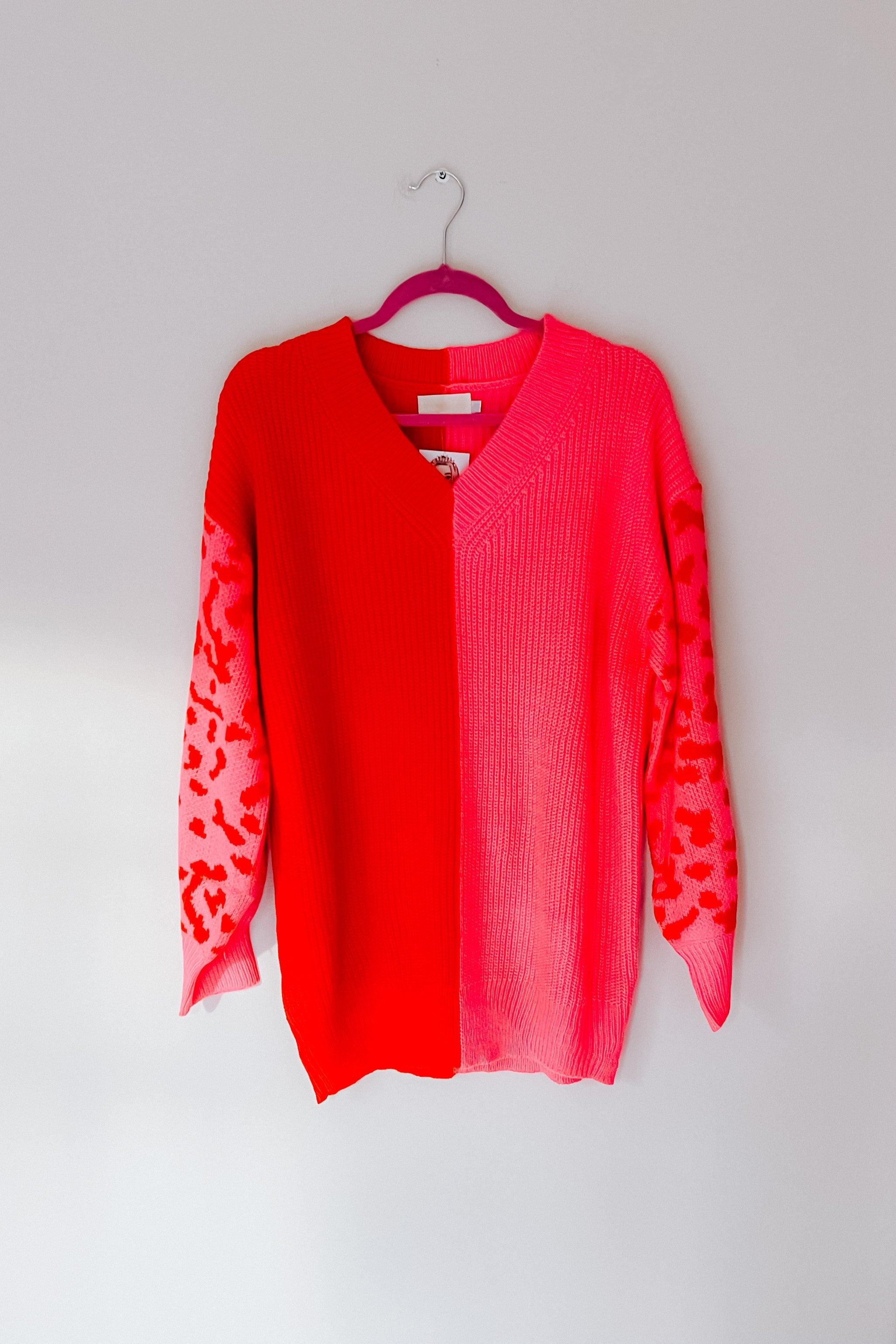 Pretty In Pink Leopard Color Block Sweater - Atomic Wildflower