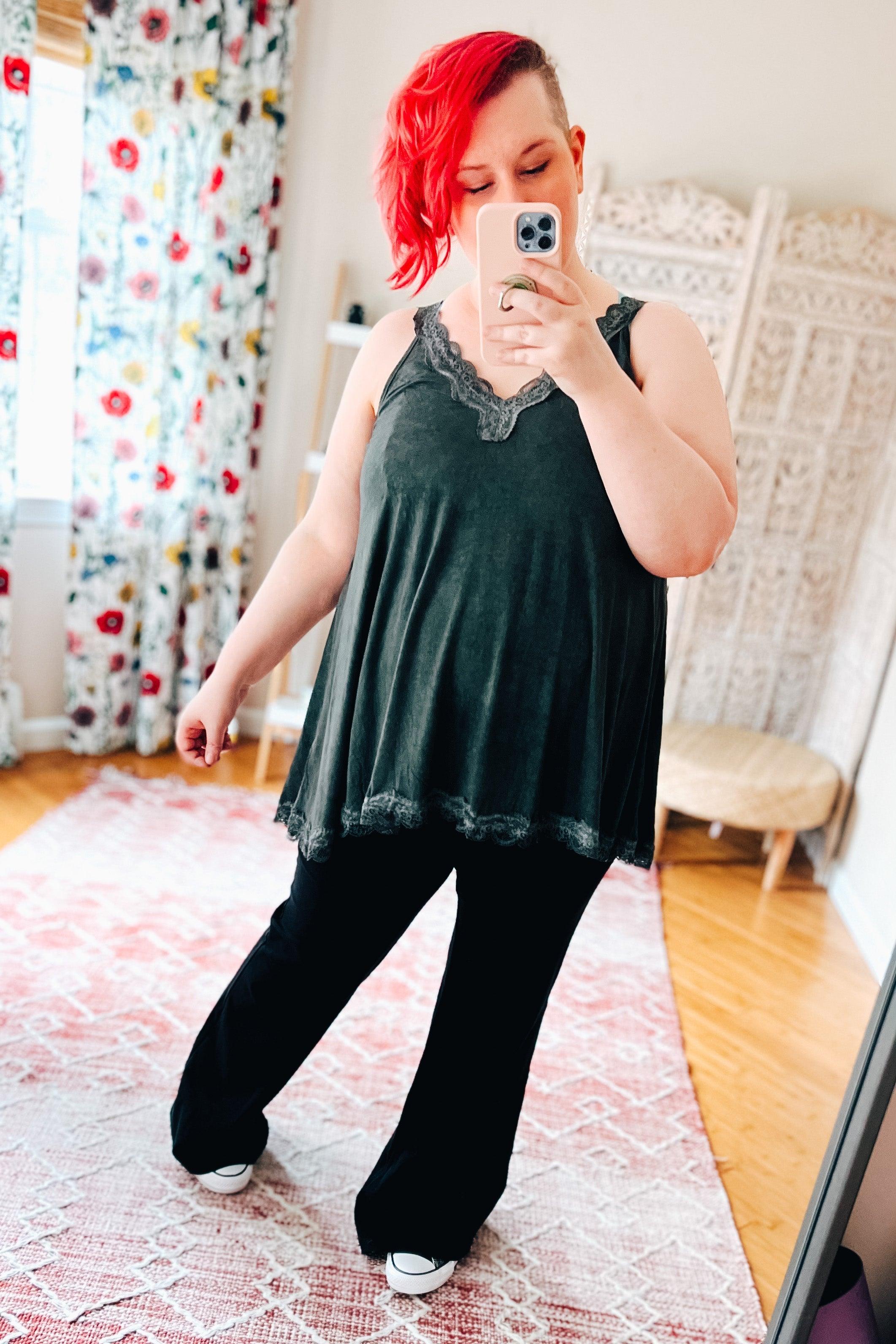 Lucky in Love Charcoal Lace Trim Tank Top - Atomic Wildflower