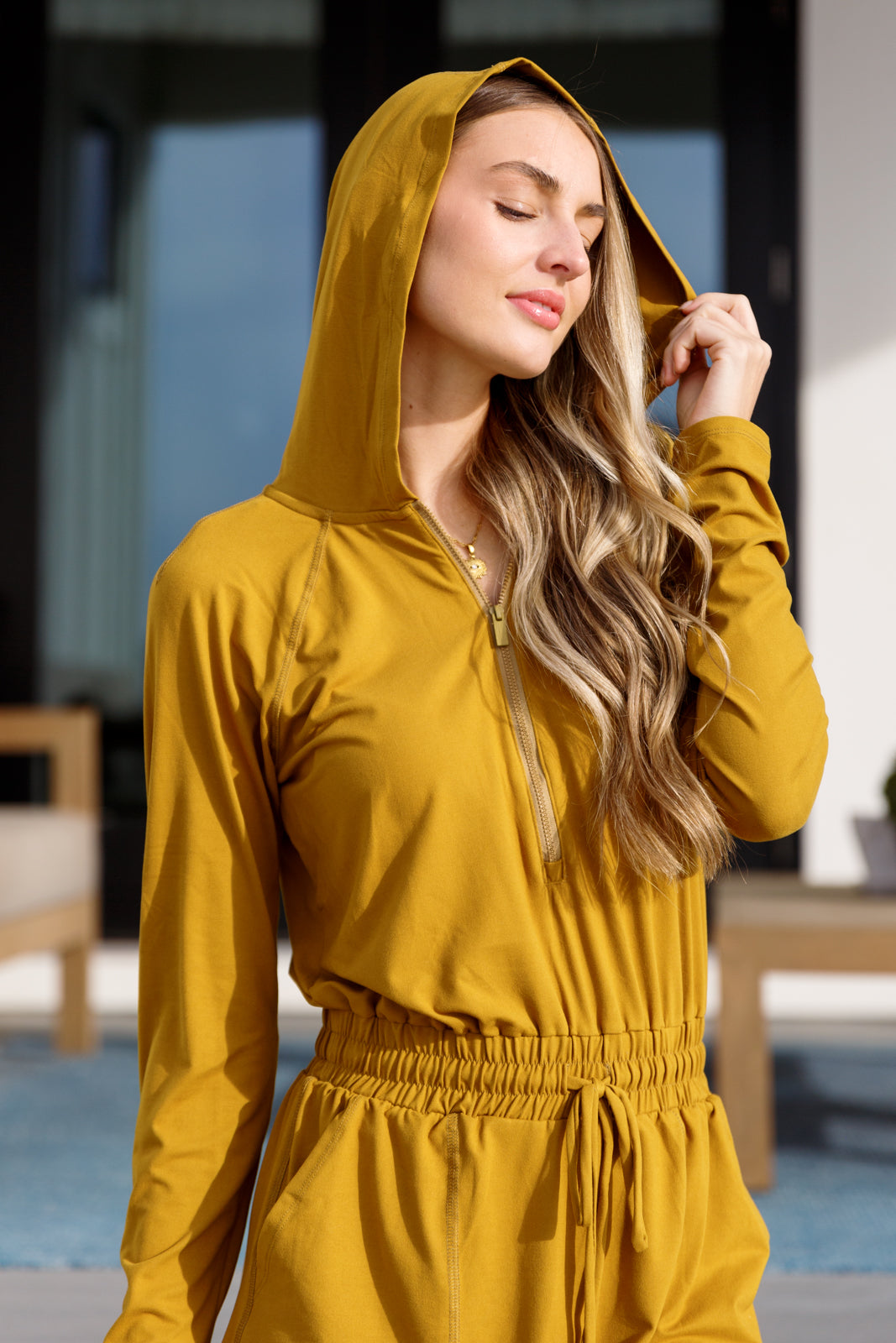 Getting Out Long Sleeve Hoodie Romper • Gold Spice