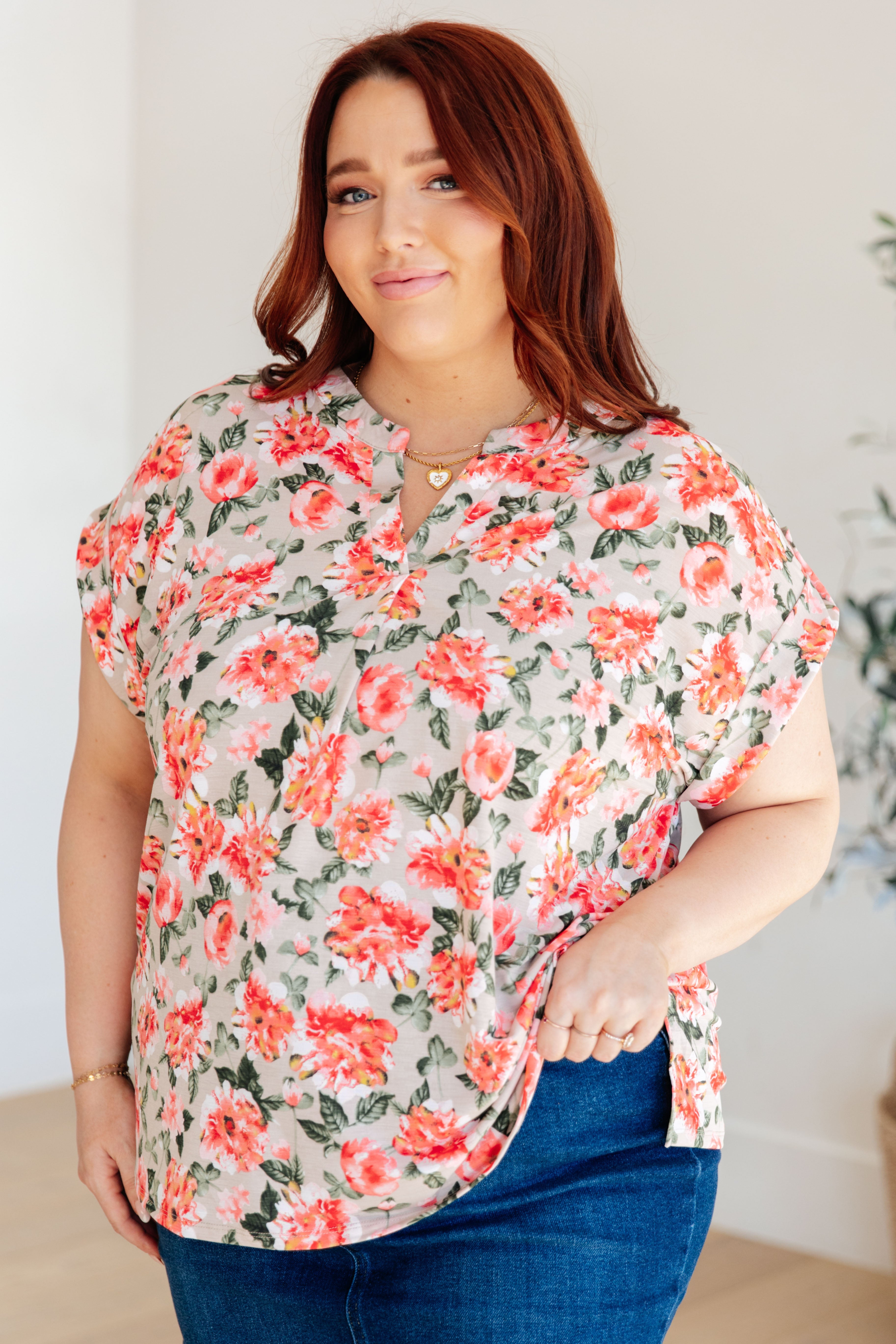 Lizzy Cap Sleeve Top • Coral and Beige Floral
