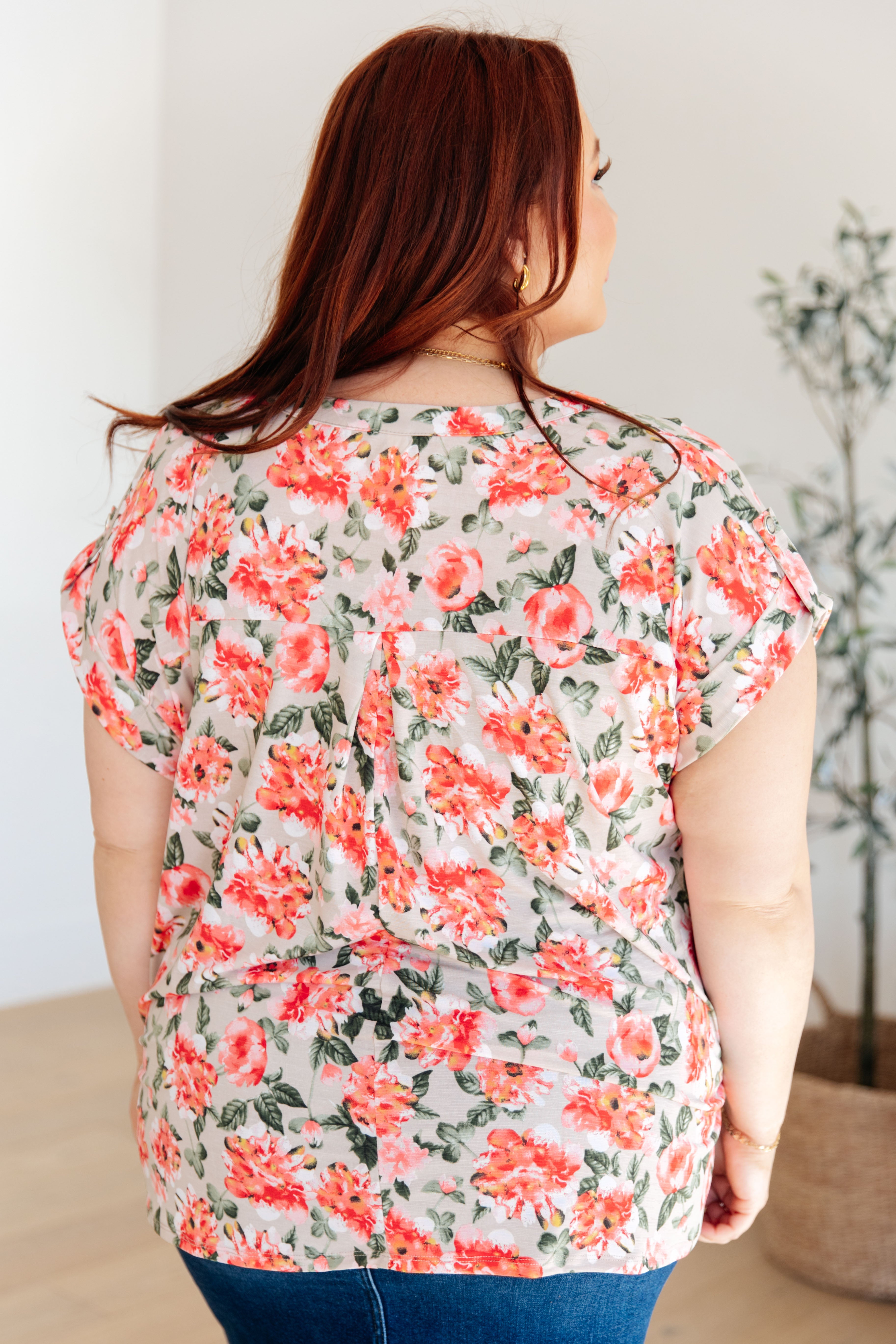Lizzy Cap Sleeve Top • Coral and Beige Floral
