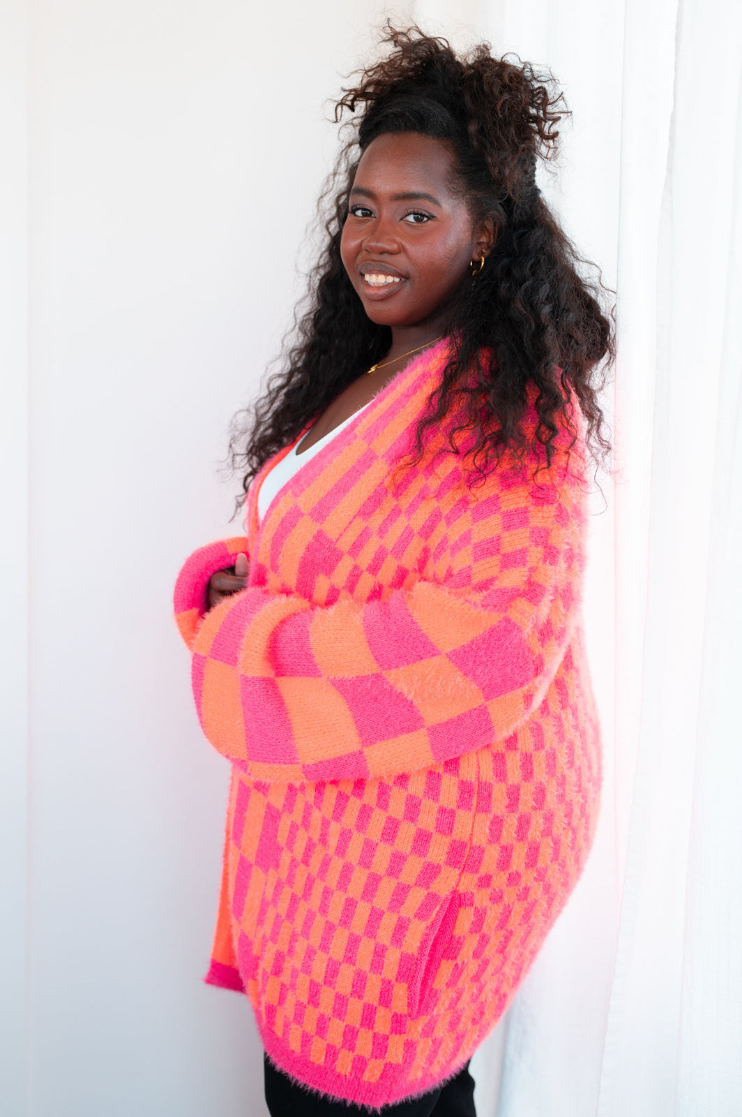Noticed in Neon Checkered Cardigan • Pink and Orange