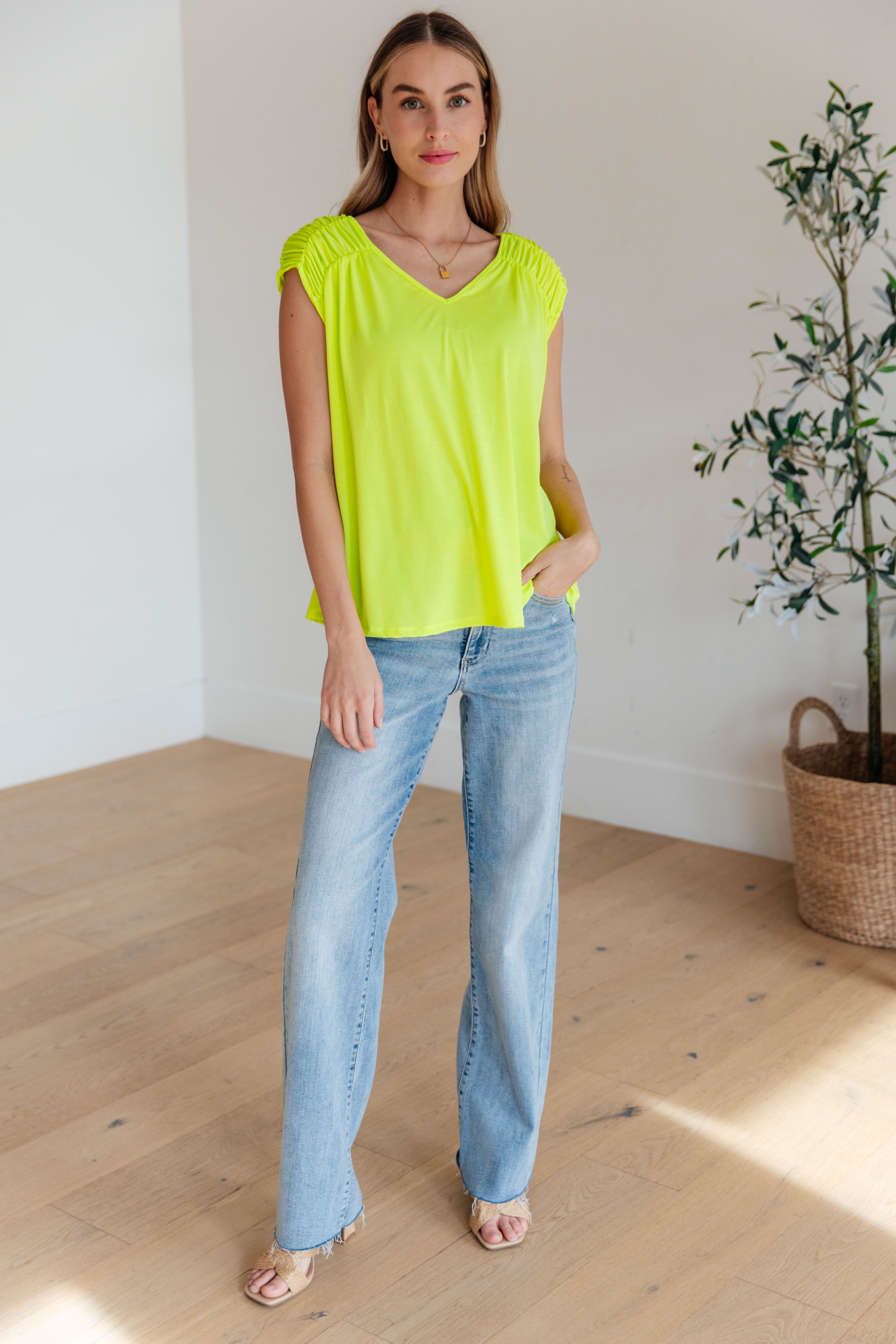 Ruched Cap Sleeve Top • Neon Green
