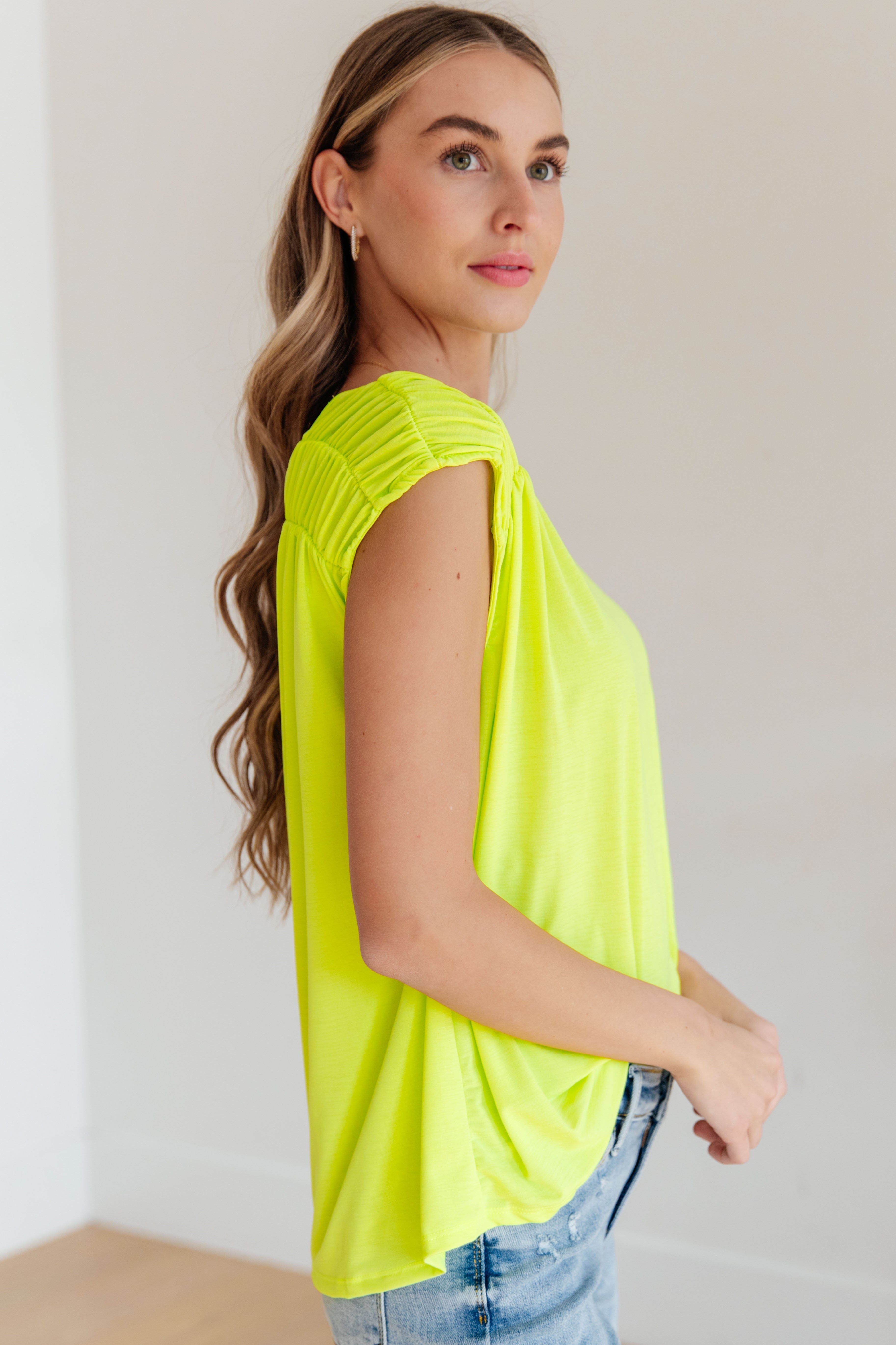 Ruched Cap Sleeve Top • Neon Green