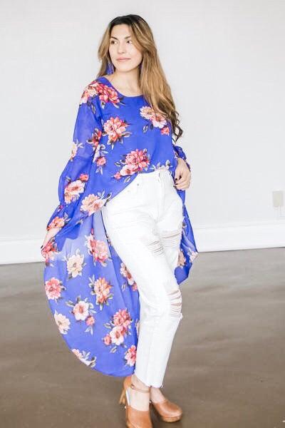 Briar Bubble Sleeve Hi Lo Top in Blue Floral - Atomic Wildflower