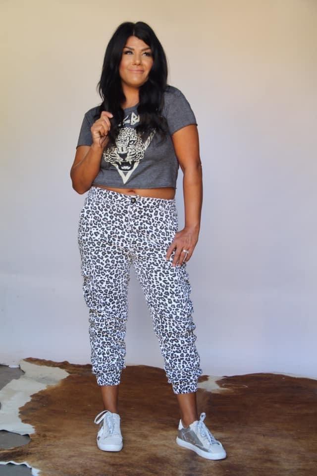 Loungin’ Leopard Denim Joggers • White - Atomic Wildflower