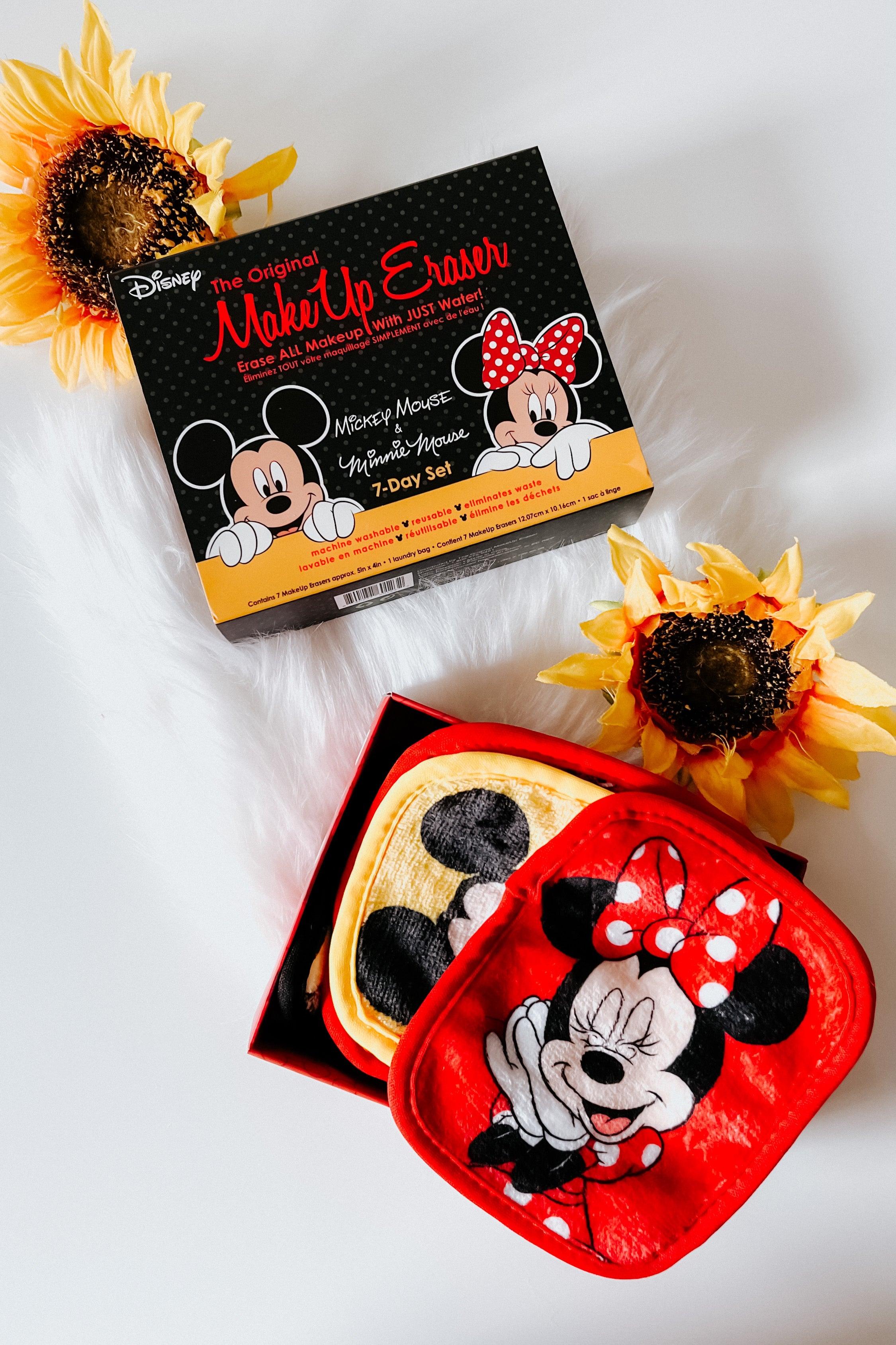 Disney-themed makeup remover pads featuring Disney Mickey and Minnie designs in red and yellow with sunflowers nearby