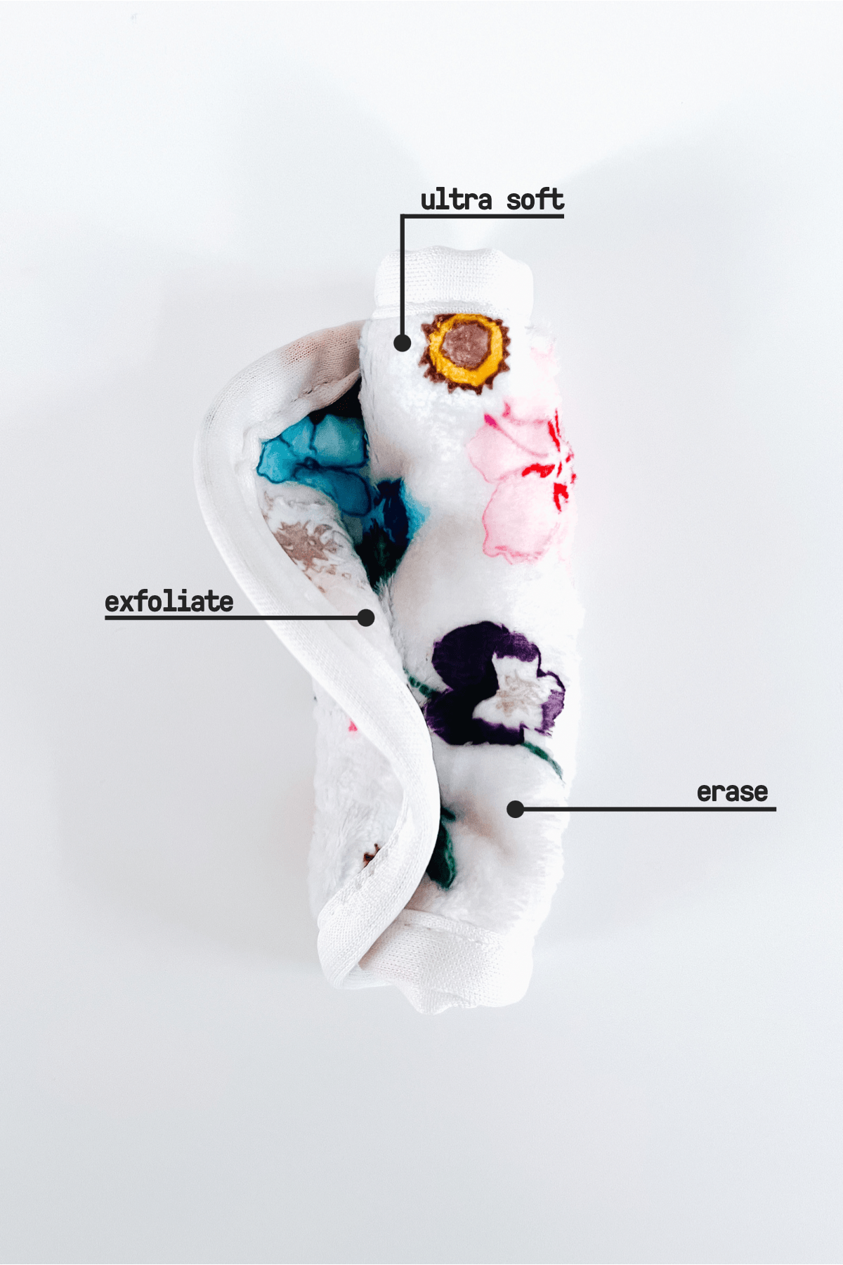Multicolor mini makeup eraser showcasing floral print with labeled ultra soft, exfoliate, and erase fabric sides