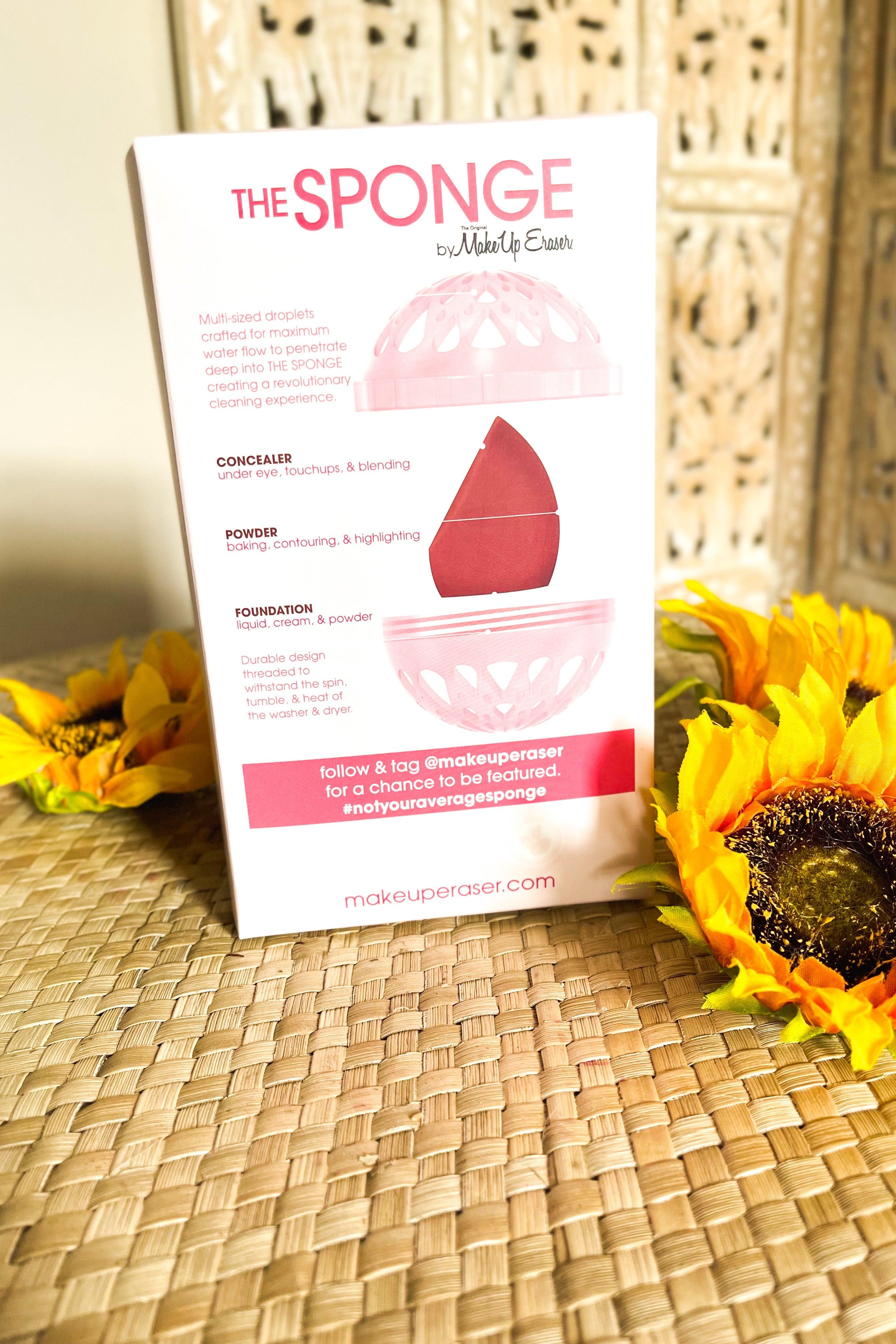 Instruction card for a pink makeup sponge with detailed usage tips surrounded by bright yellow sunflowers on woven surface
