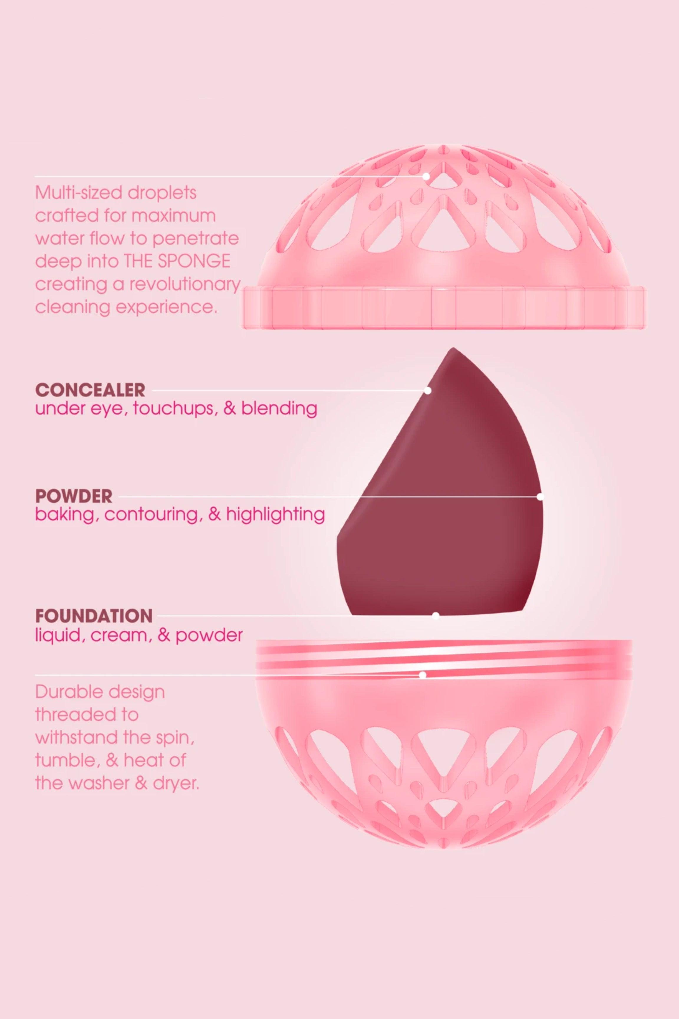 Pink makeup sponge inside a ventilated, durable holder designed for deep cleaning and protection in washer and dryer